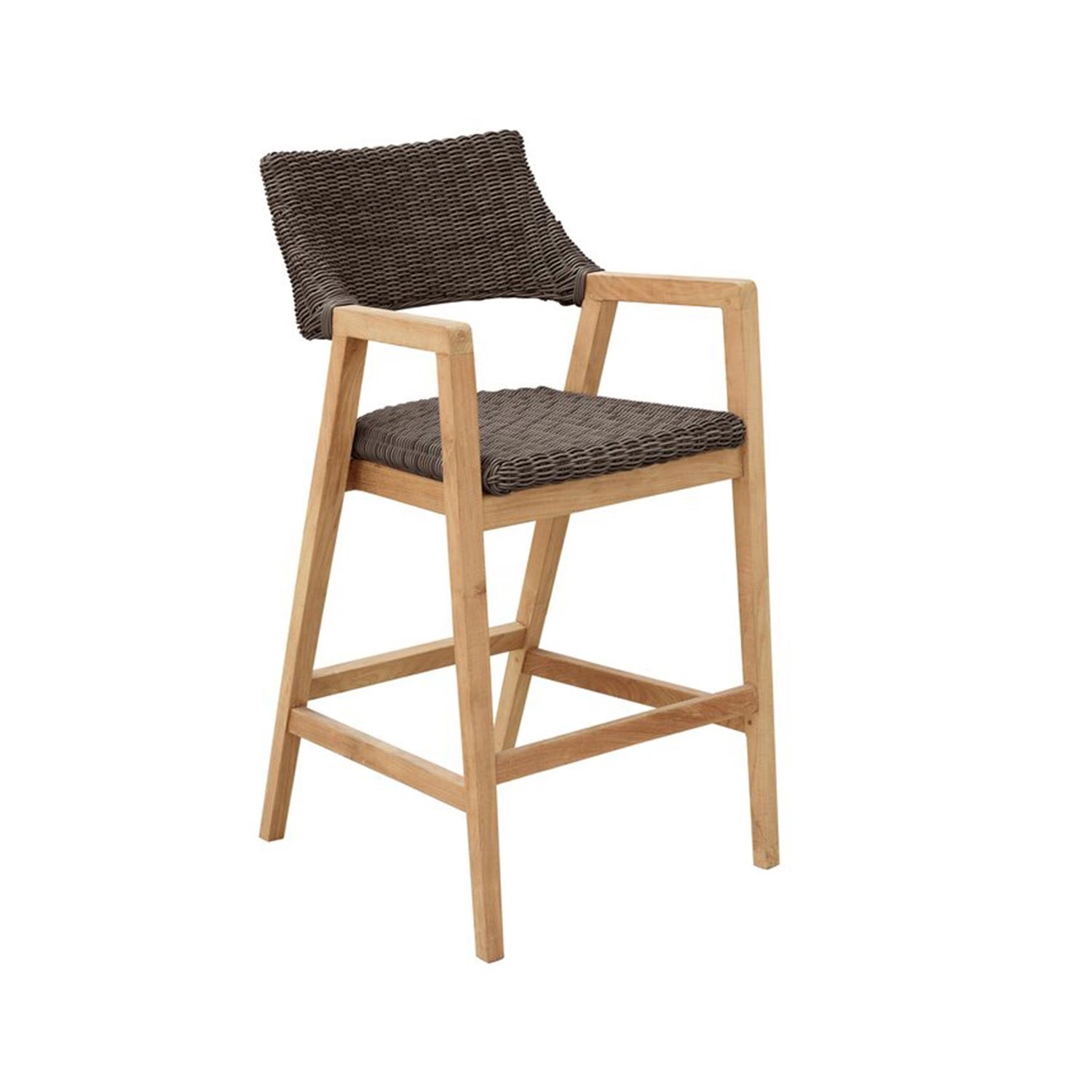 Outdoor bar stool with a natural teak frame and gray woven rope seat and back, angled legs, built-in footrest and squared armrests, shown on a white background.