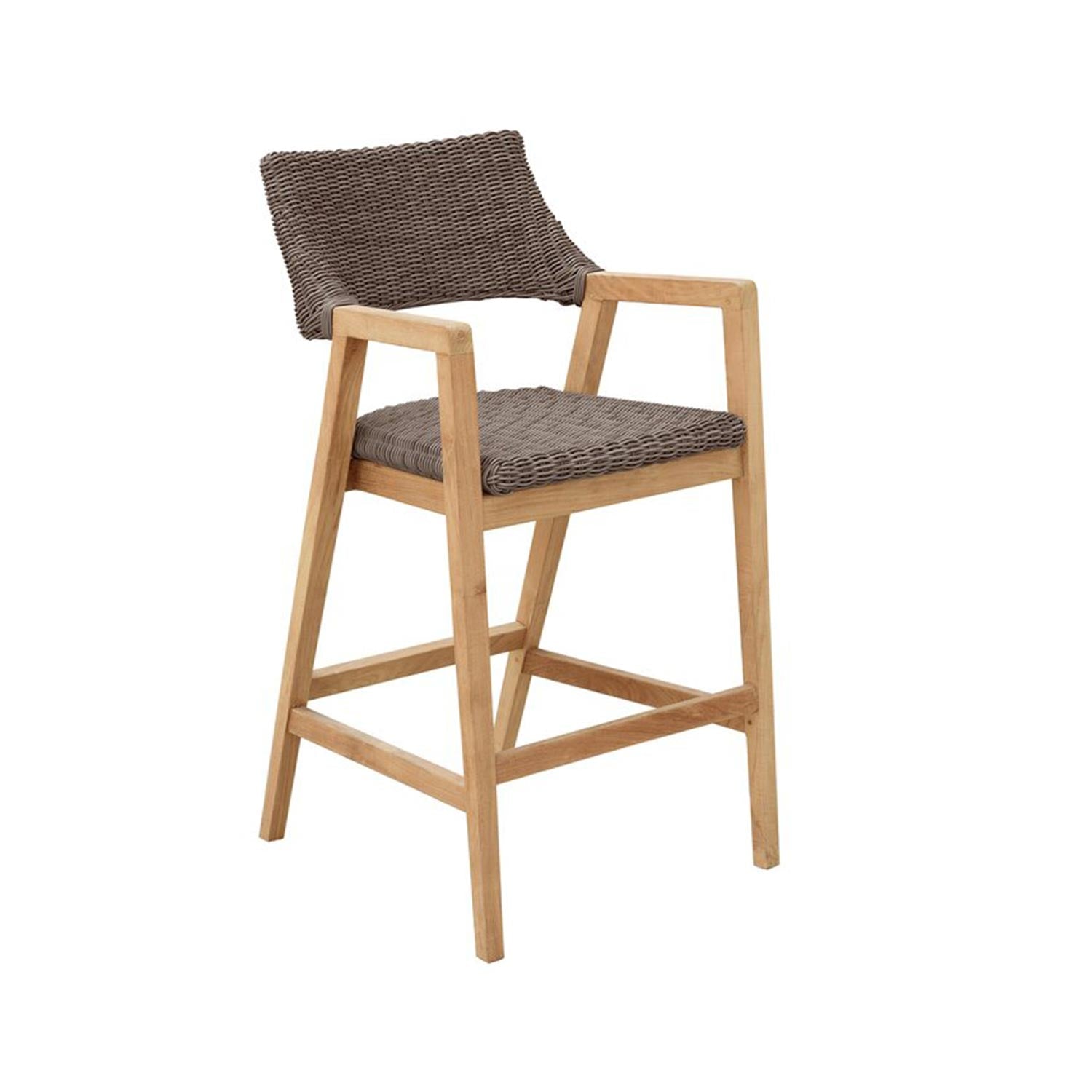 Solid teak outdoor bar stool with a natural wood frame and armrests, angled legs and footrest, featuring a woven gray rope seat and low woven back in a coastal style.