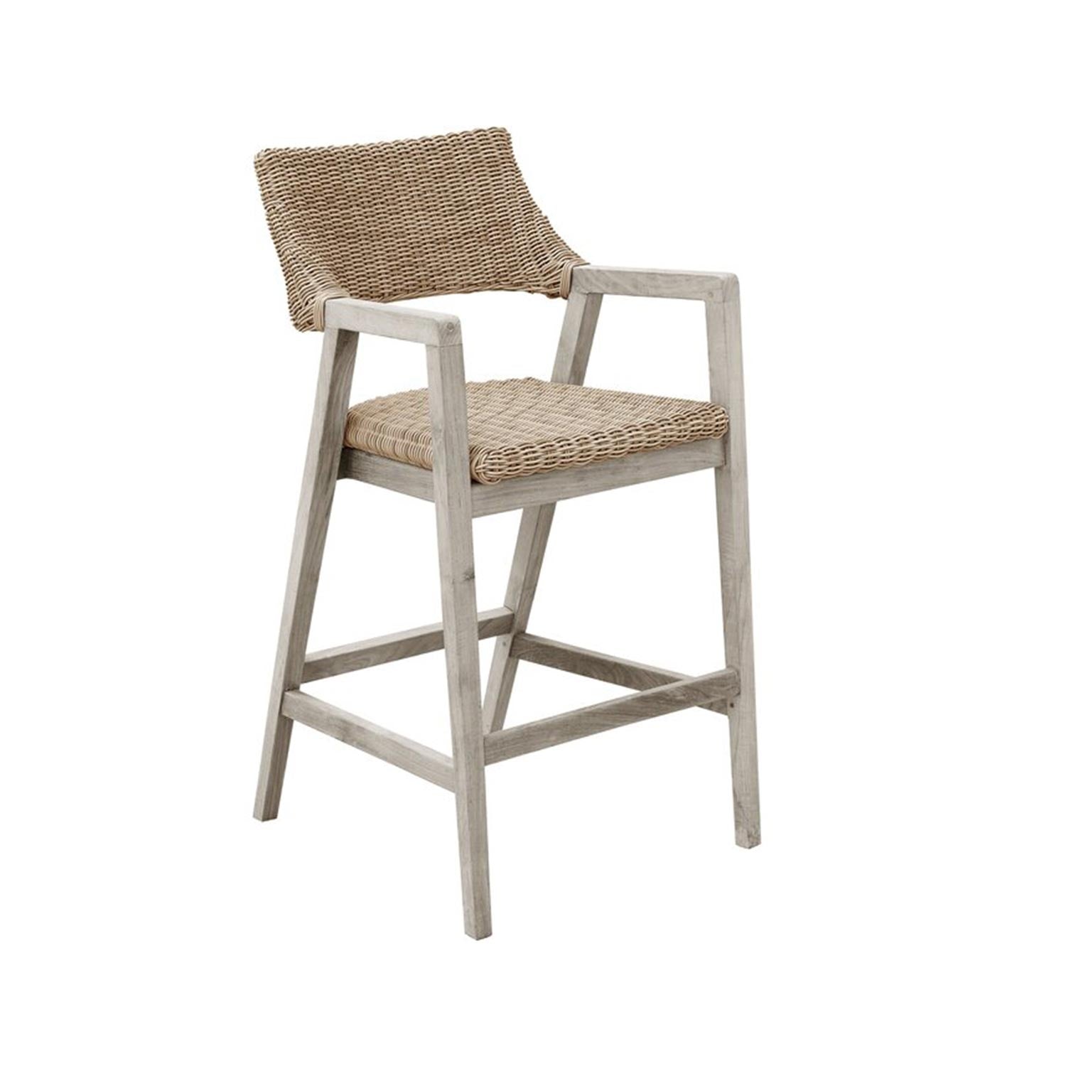 Coastal-style outdoor bar stool in natural teak with a light gray-washed solid wood frame, integrated armrests, natural woven rope seat and curved woven back, plus a square footrest for counter-height seating.