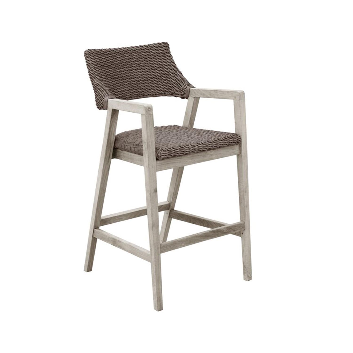 Coastal outdoor bar stool with weathered teak frame and gray-taupe woven rope seat and back, angled armrests and integrated footrest.