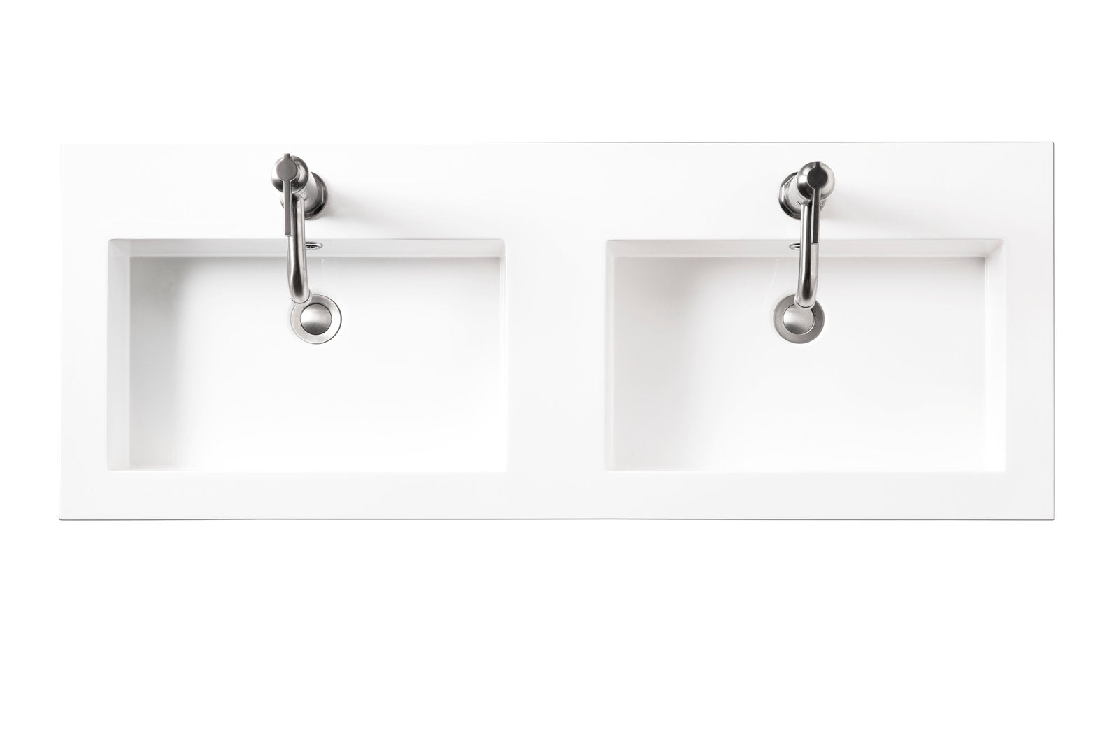 Top-down view of a contemporary glam stone double-sink vanity top in white showing two rectangular integrated basins with chrome metal single-handle faucets and round stainless drains.