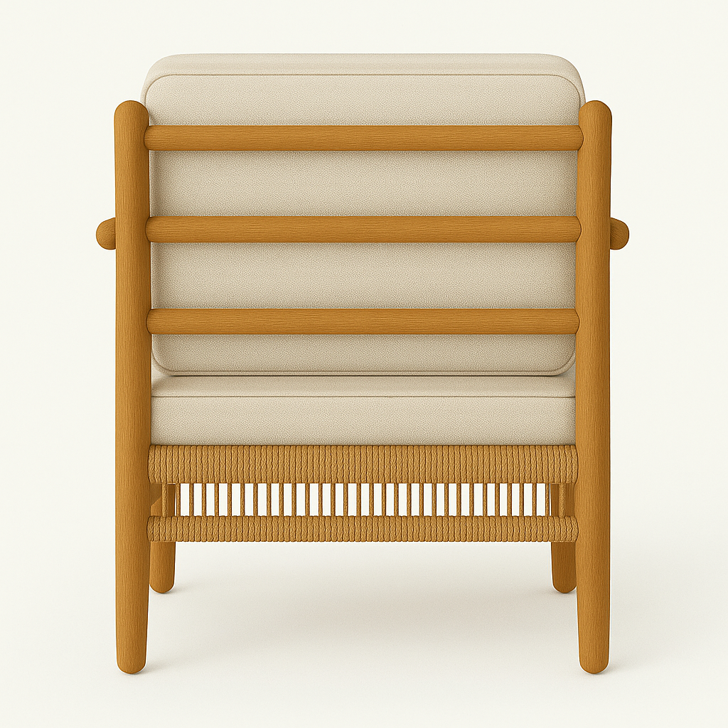 Rear view of an outdoor club lounge chair with a natural teak frame featuring three horizontal slats, woven rope lower apron, and cream fabric seat and back cushions.