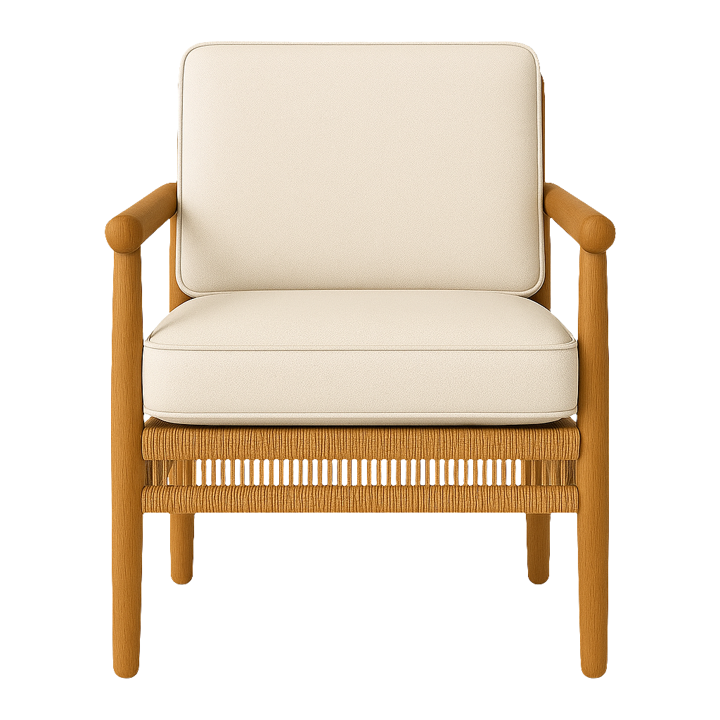 Front view of a teak outdoor dining chair with a natural wood frame, rounded arms, woven rope seat detail, and cream fabric seat and back cushions.