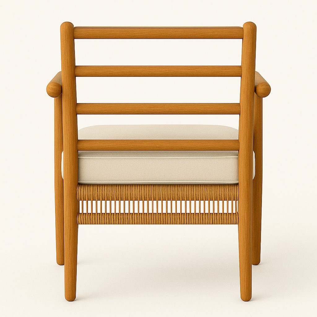 Rear view of an outdoor dining chair with a natural teak frame, horizontal slatted back, cream fabric seat cushion and woven rope seat apron in a modern coastal style.