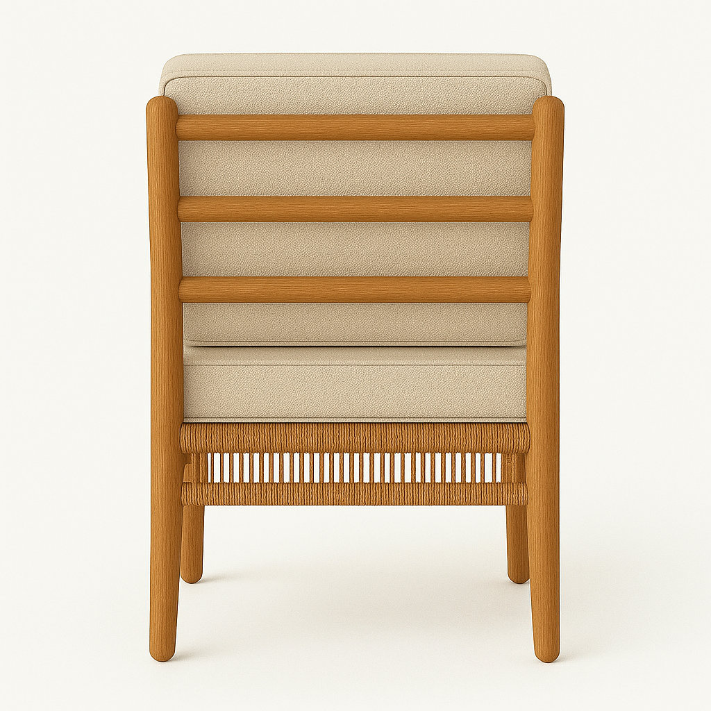 Rear view of a natural teak wood outdoor side chair with three horizontal back slats, rounded legs, beige fabric back and seat cushions, and woven rope detailing along the lower stretcher.