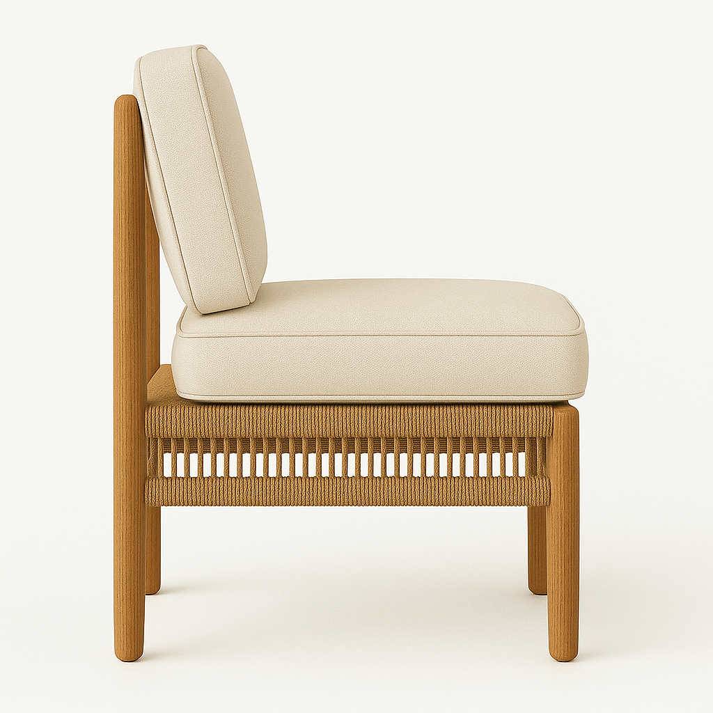 Side profile of an outdoor side chair with a natural teak wood frame, woven rope detailing along the seat apron, and thick cream fabric seat and back cushions.
