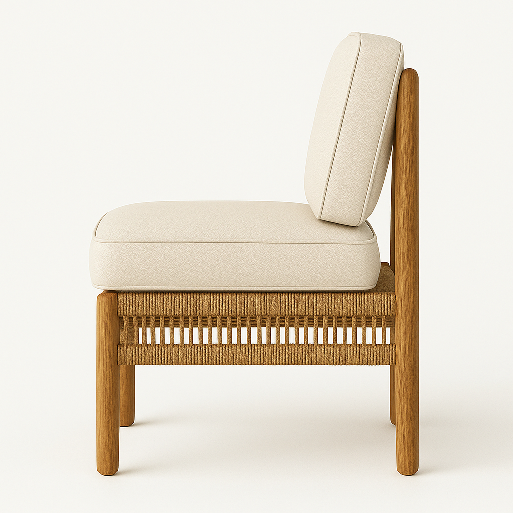 Side profile of an outdoor side chair with a natural teak wood frame, woven rope seat base, and plush cream fabric seat and back cushions.