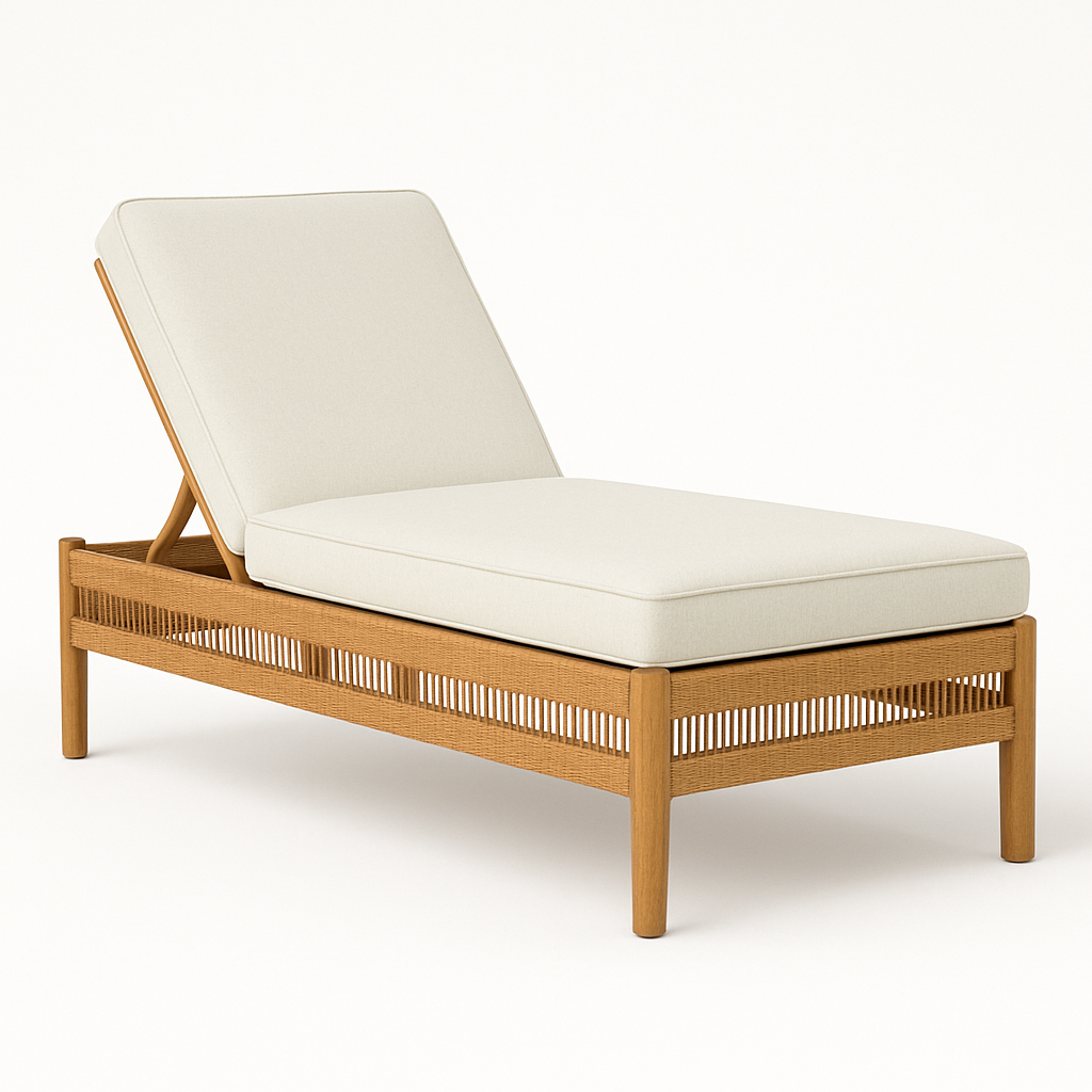 Contemporary coastal outdoor sun lounger with a teak wood frame and woven rope detailing, topped with beige upholstered cushions and an adjustable backrest.