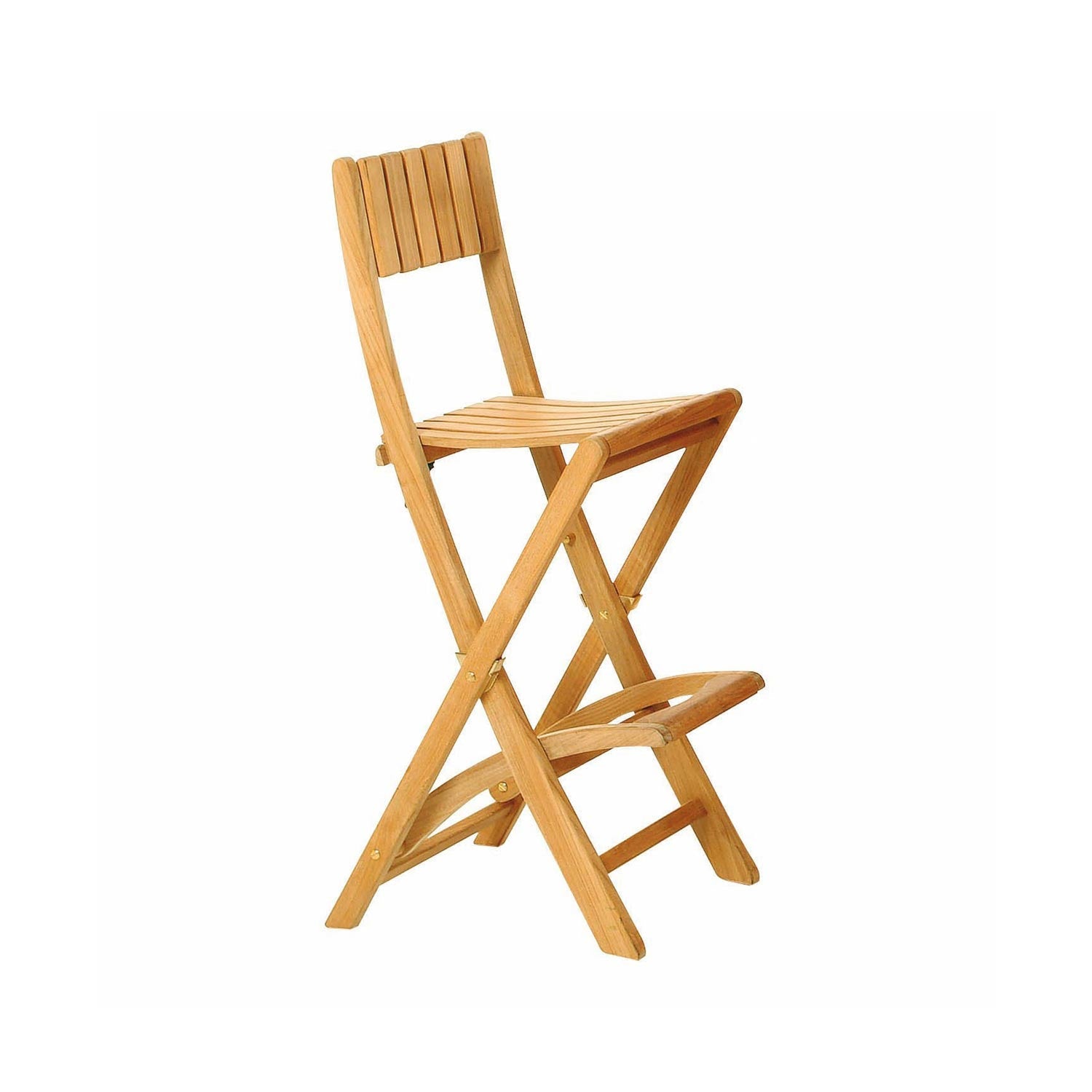 Natural teak folding outdoor bar stool with slatted seat and back, X-frame legs, brass hinges and built-in curved footrest, shown on a white background.