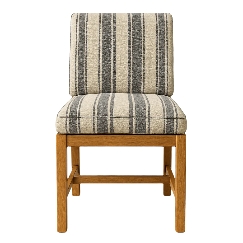 Front view of an armless outdoor dining chair with a teak wood frame and cushioned beige fabric seat and back upholstered with navy vertical stripes.