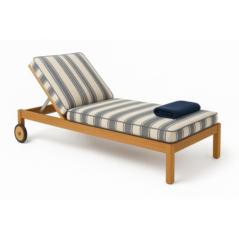 Mid-century modern teak outdoor chaise lounger with adjustable backrest, navy-and-cream striped fabric cushions, rear transport wheels and a folded navy towel on the seat.