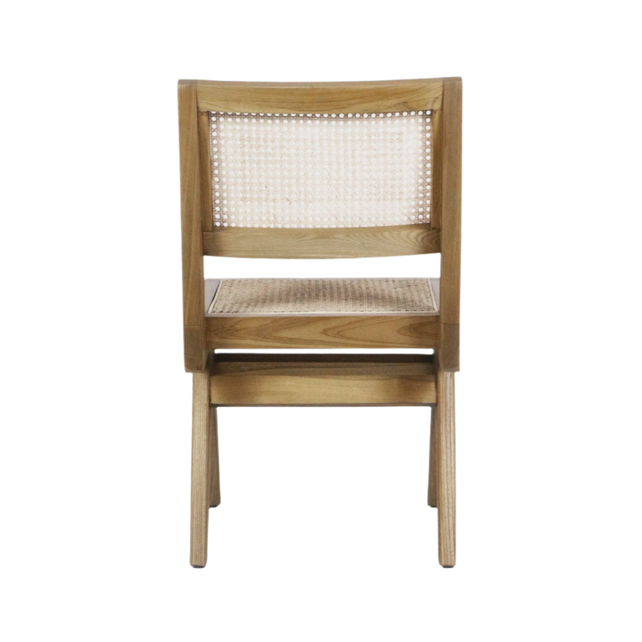 Rear view of an armless natural-blonde solid wood dining chair with woven cane Vienna-weave back and cane seat, showing mid-century modern lines and tapered legs.