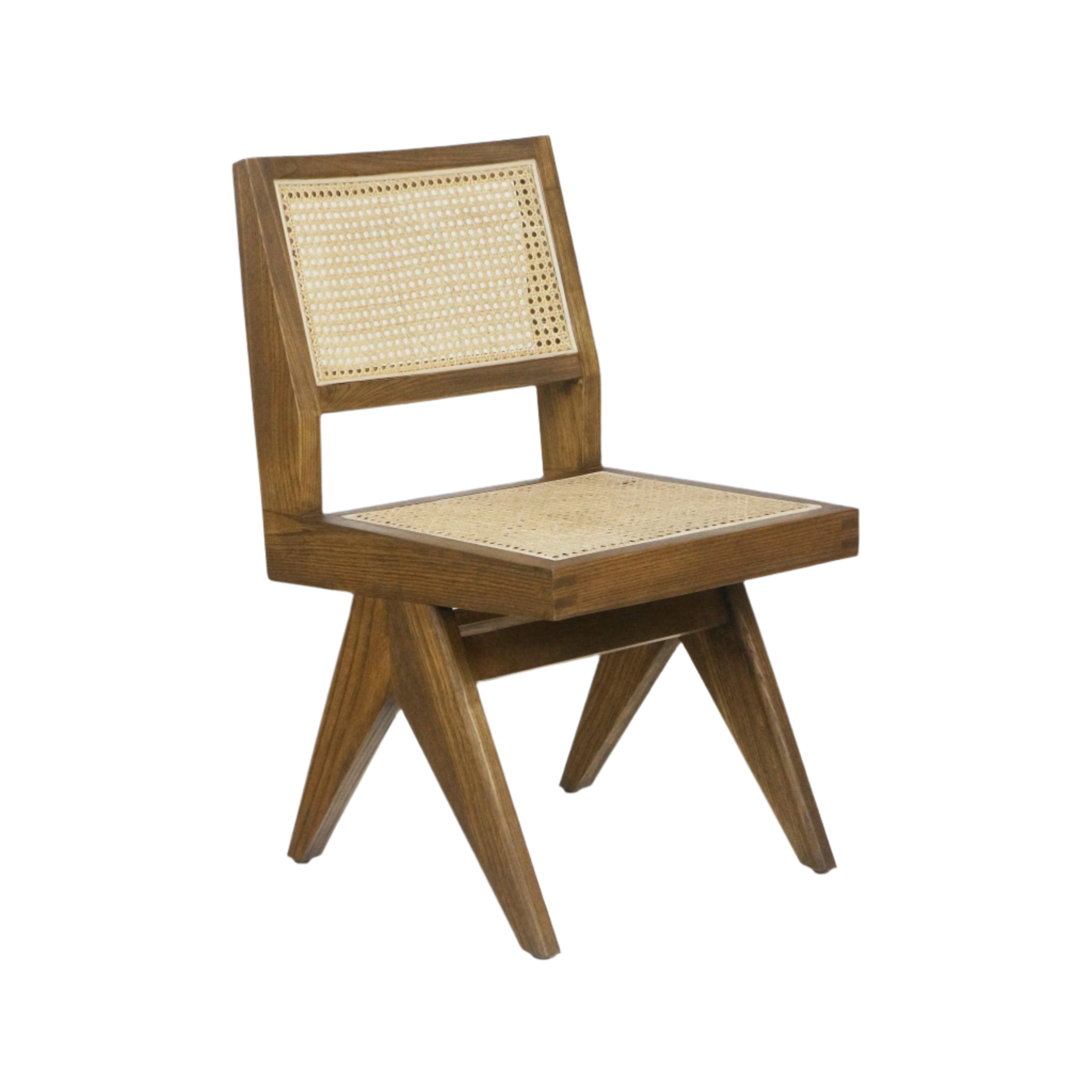 Armless mid-century modern dining chair in warm teak solid wood with woven natural cane back and seat, featuring angular splayed legs on a white background.