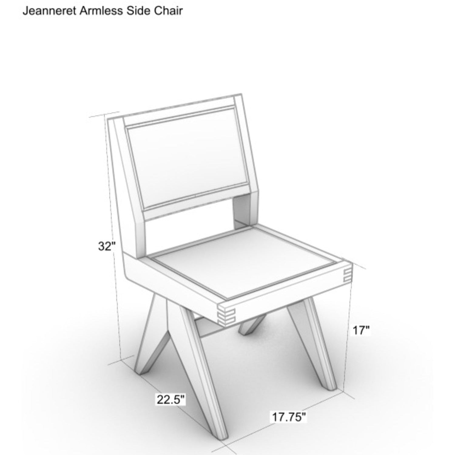 Grayscale CAD-style isometric drawing of a modern solid wood armless dining side chair with angled splayed legs and framed seat/back panels; annotated dimensions show 32" height, 17" seat height, 17.75" width and 22.5" depth.