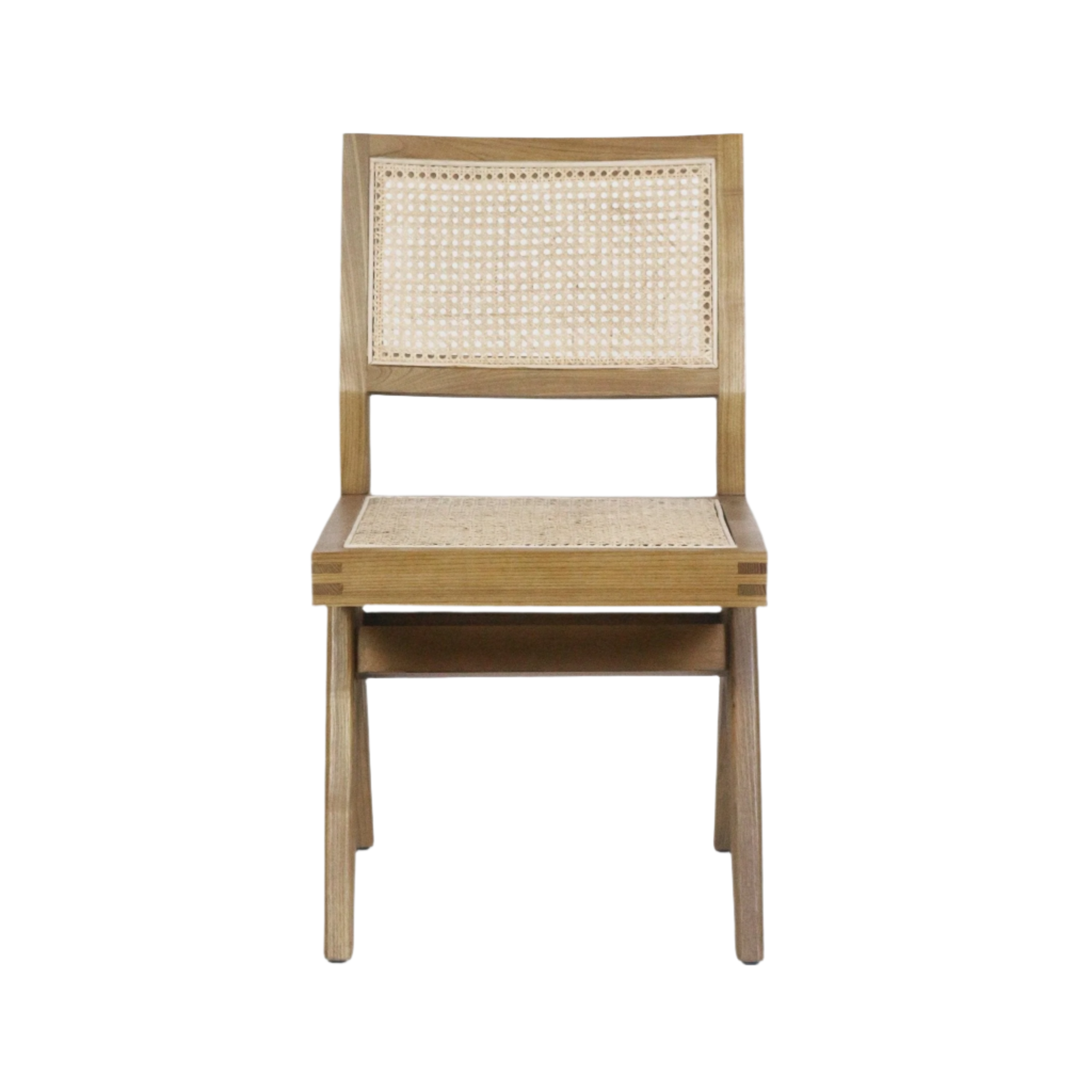 Front-facing armless dining chair in natural wood with Vienna cane weave on the back and seat, solid wood frame and tapered legs in a modern midcentury design.