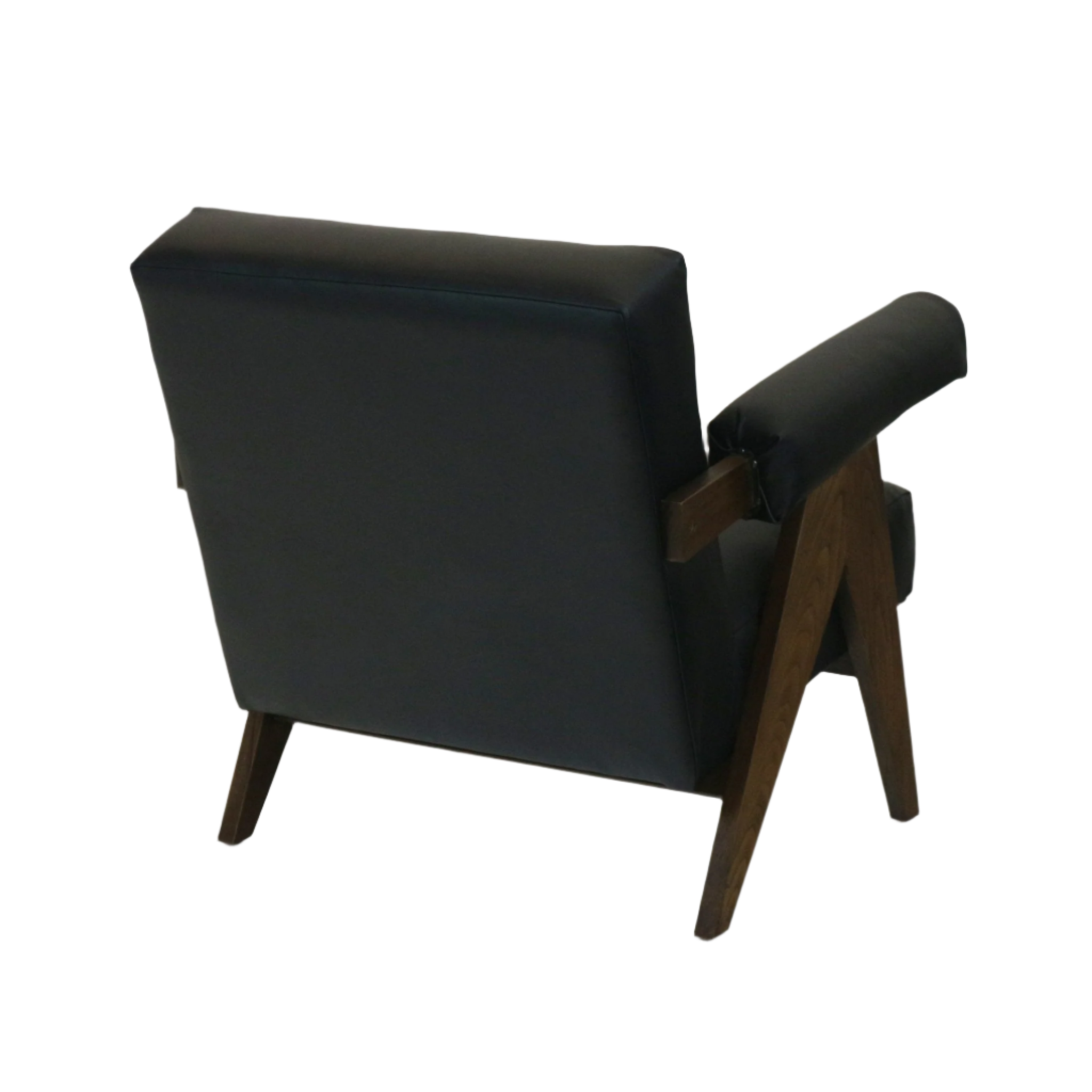 Rear three-quarter view of a mid-century modern accent chair upholstered in black leather, with a padded rolled armrest and angled natural wood A-frame legs with tapered feet.