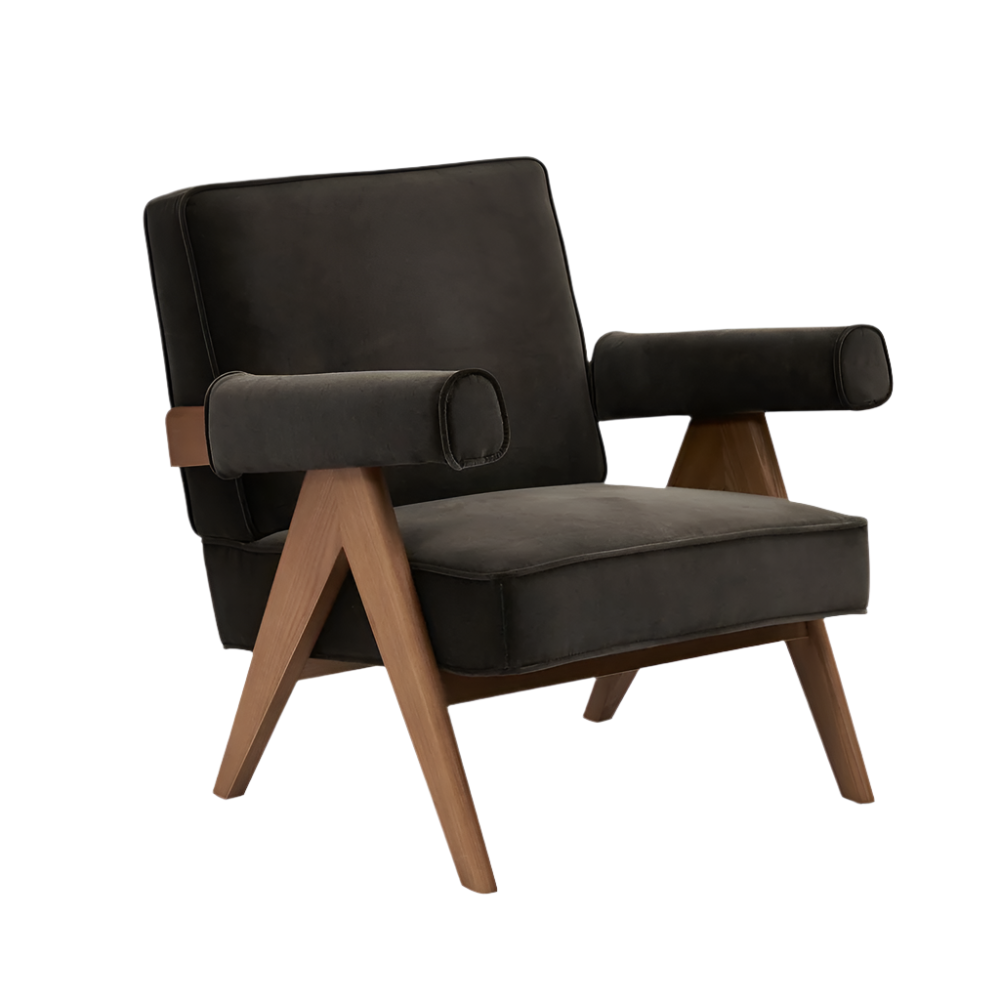 Mid-century modern lounge chair upholstered in black leather with rounded bolster arms, square cushioned back and seat, and angled natural wood A-frame legs and supports.