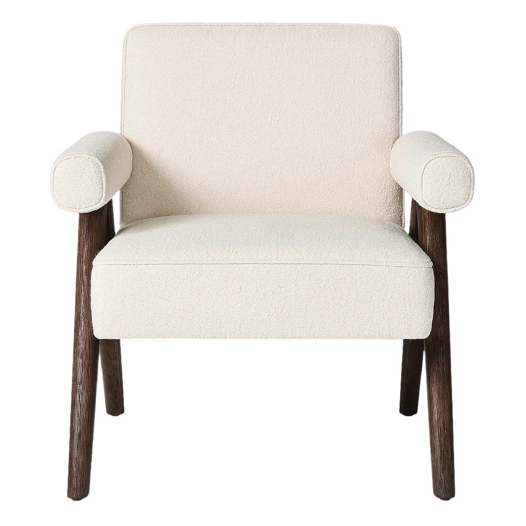 Front view of a cream boucle upholstered accent chair with rounded bolster arms, square back, cushioned seat and tapered natural wood legs in a modern mid-century style.