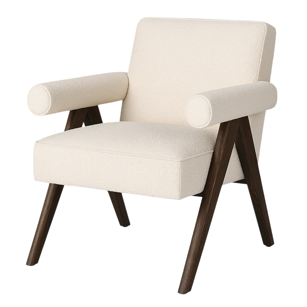 Cream boucle upholstered accent chair with rounded bolster arms, square back and seat cushion, and angled dark natural wood legs in a mid-century modern silhouette.