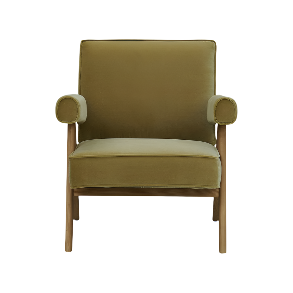 Front-facing olive mohair-upholstered accent chair with a tall square back, rounded padded arms and a natural wood frame and legs on a white background.