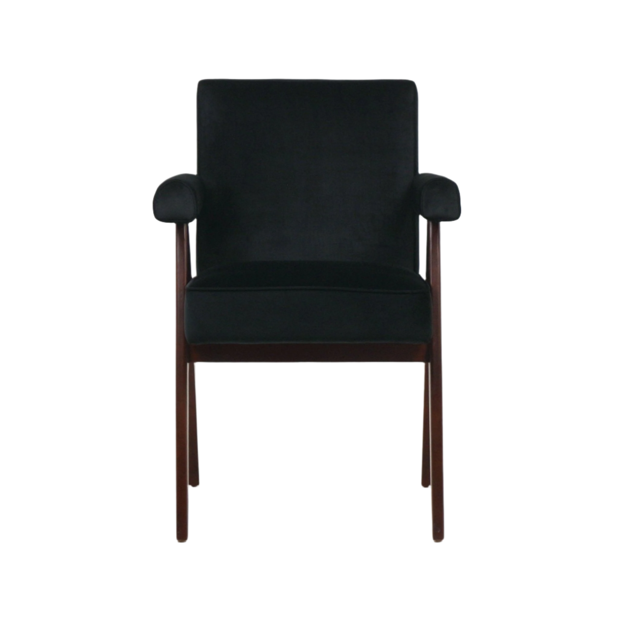 Front view of a mid-century modern chair with black velvet upholstery and box seat cushion, rounded padded armrests and a walnut-finish solid wood frame with slim tapered legs.