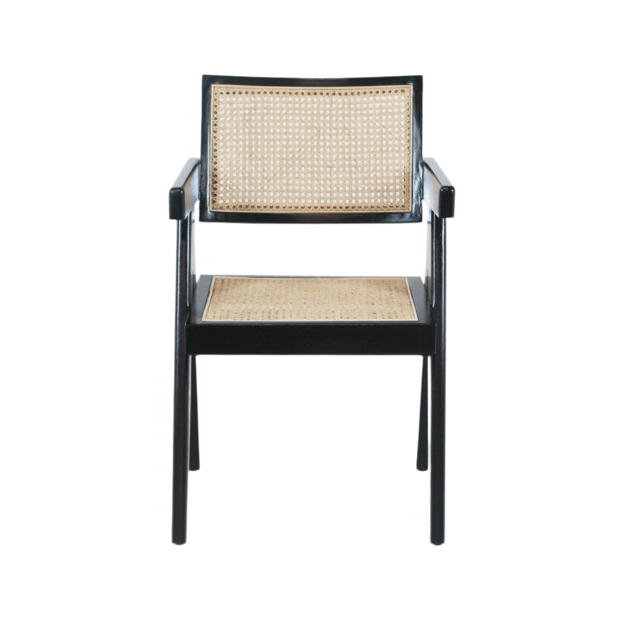 Front view of a mid-century modern dining chair with a black solid wood frame and natural cane woven seat and back, straight armrests and slender tapered legs.