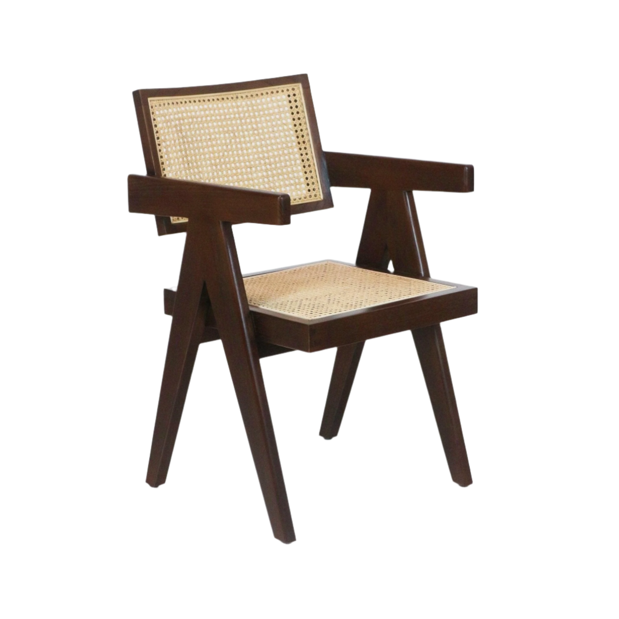 Mid-century modern dining chair with a dark walnut solid wood frame, natural woven cane seat and back, angular A-frame legs and straight wooden armrests.