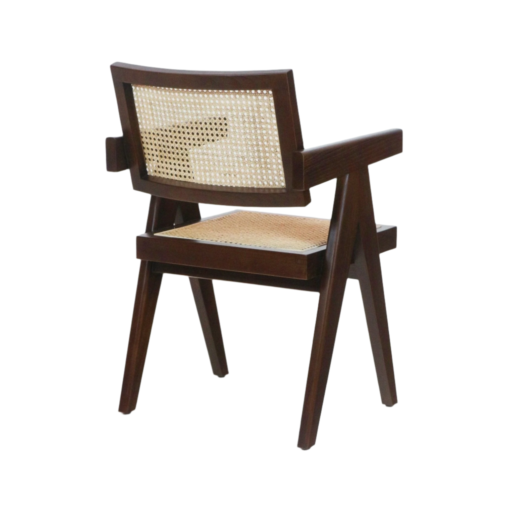Mid-century modern dining chair with a dark walnut solid wood frame, woven cane seat and back, angled legs and rectangular arms shown from a rear three-quarter view on a white background.