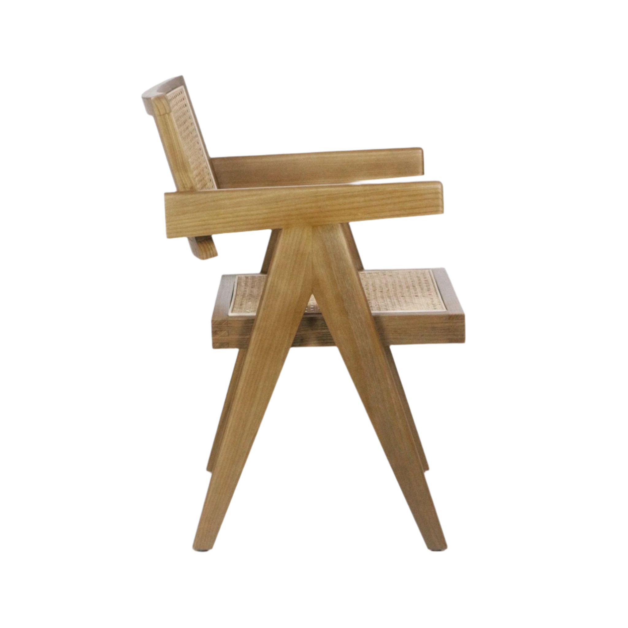 Side profile of a mid-century modern dining armchair with a natural teak solid wood frame, wide flat arms, woven Vienna cane seat and back, and angular A-frame legs on a white background.