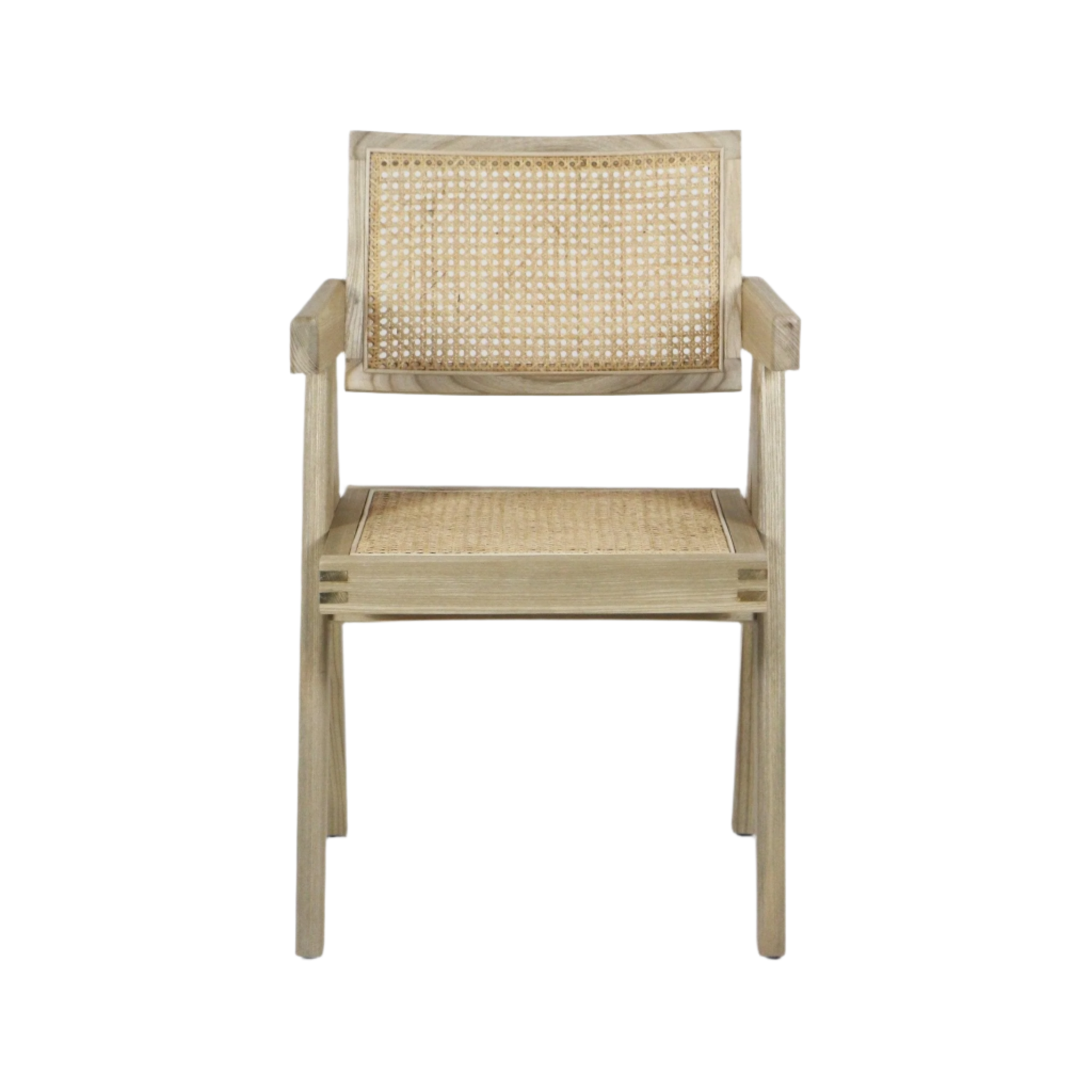 Front view of a mid-century modern dining chair with a natural teak frame, woven cane seat and back, and straight armrests and legs in a light blonde finish.