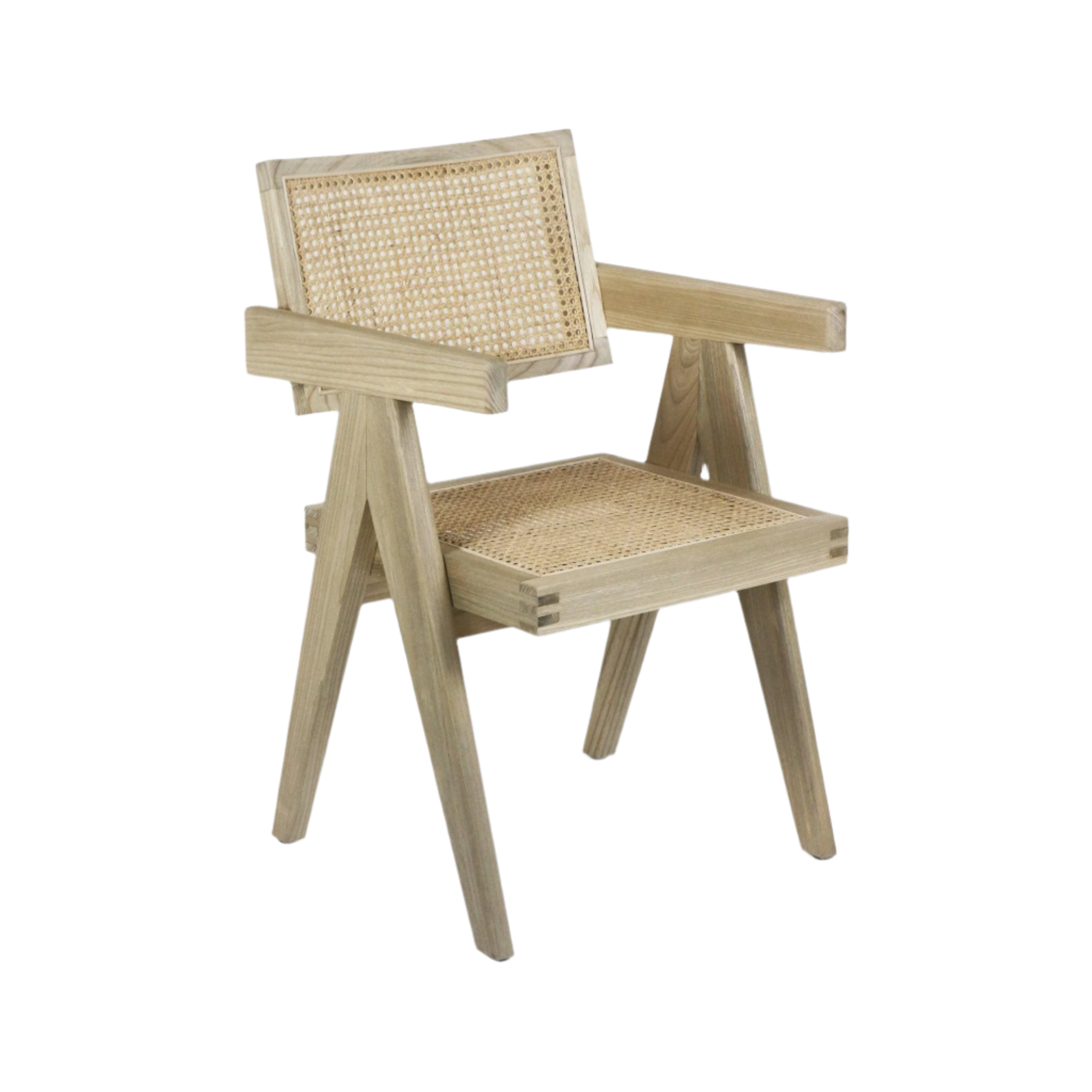 Light natural teak dining chair with Vienna-weave cane seat and back, solid wood frame, angled mid-century legs and rectangular armrests.