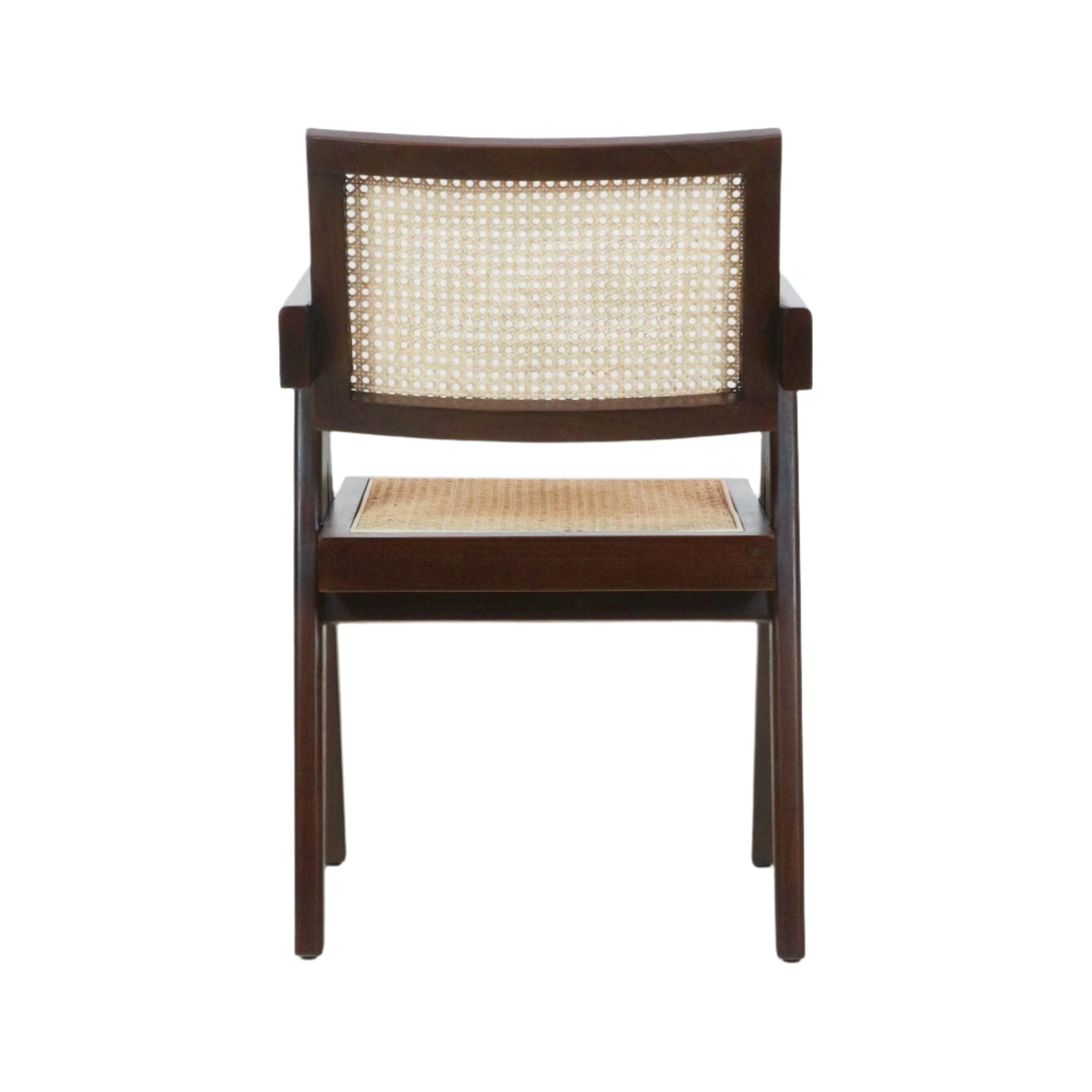 Rear view of a mid-century modern dining chair with a dark teak wood frame and natural woven cane seat and back, squared arms and straight legs shown on a white background.