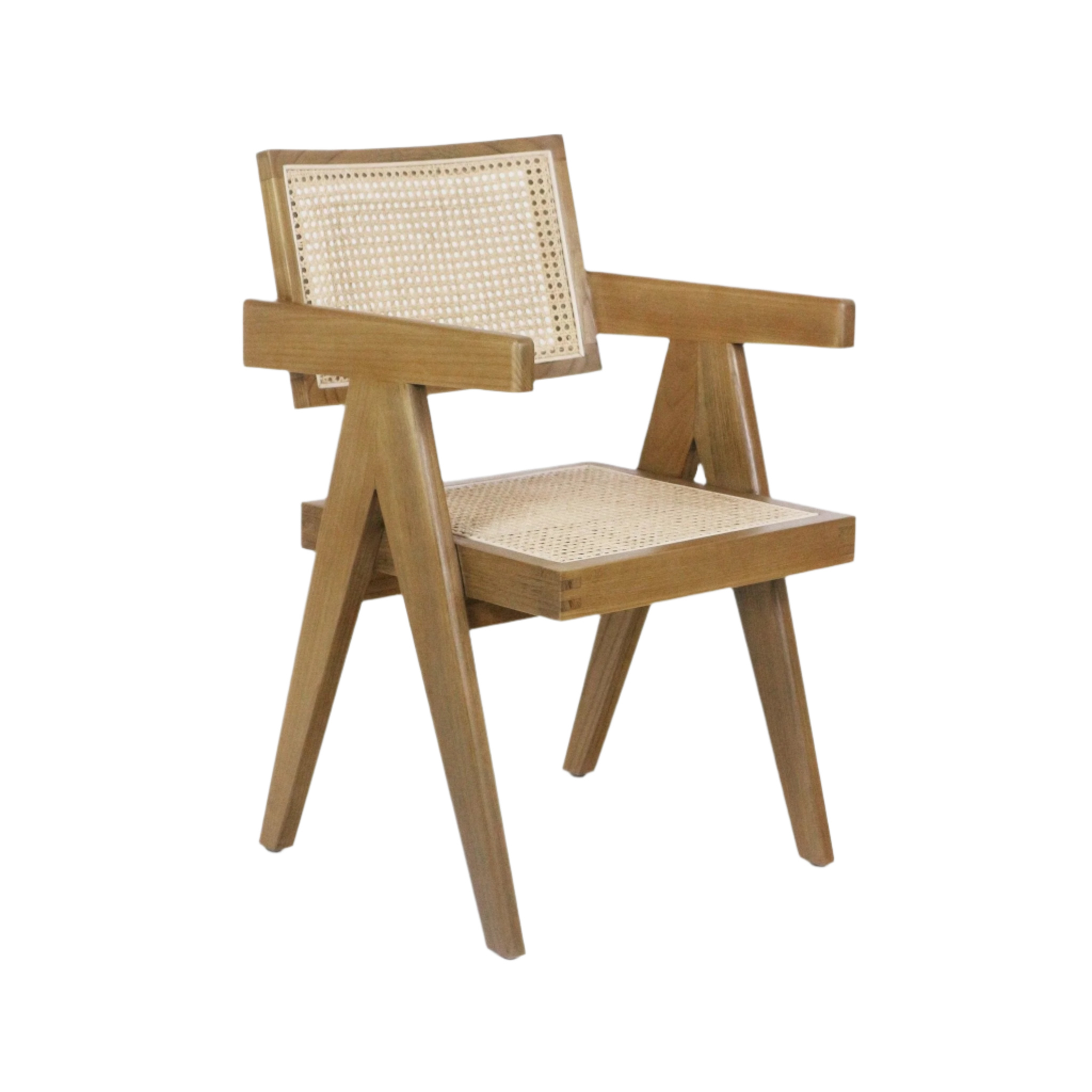 Mid-century modern dining or office armchair in natural teak with woven cane seat and back, solid wood A-frame legs and rectangular armrests, shown on a white background.