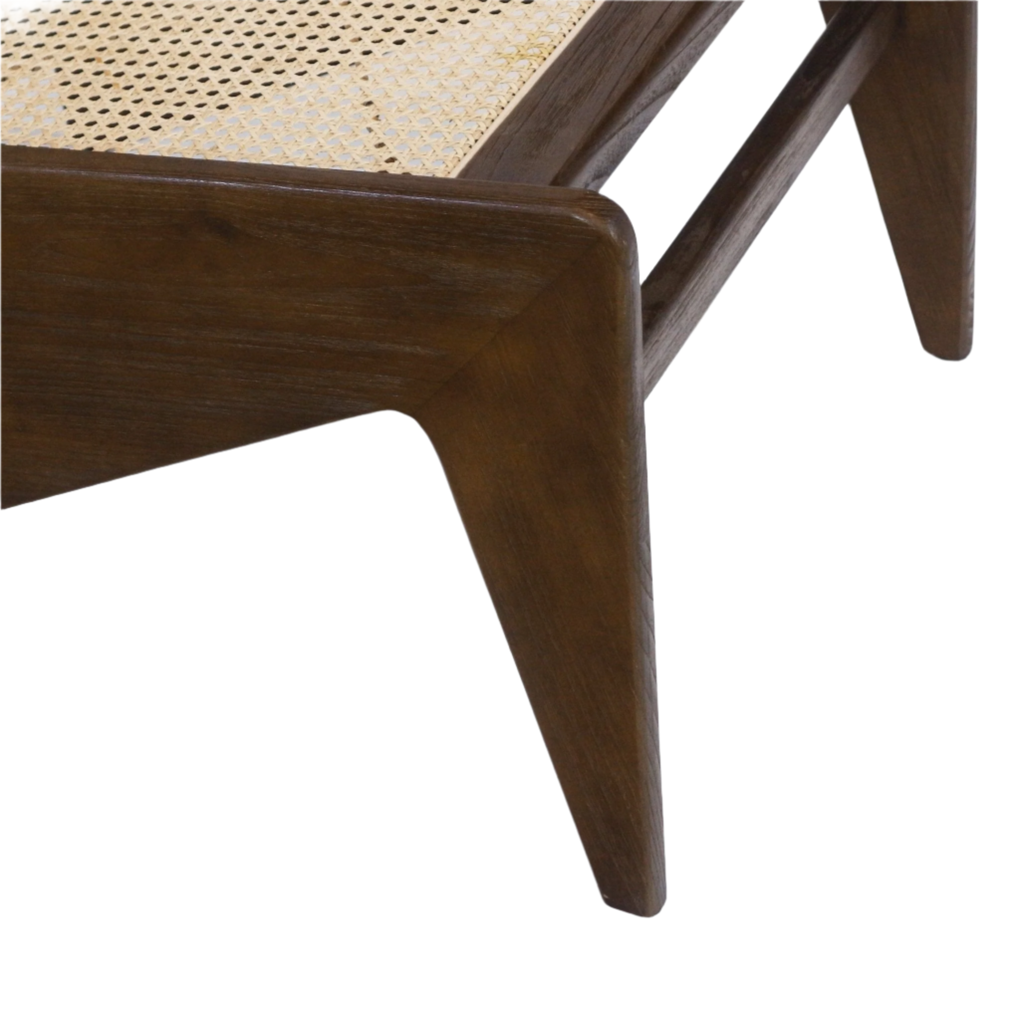 Close-up of a mid-century modern chair showing a warm teak solid wood tapered leg and frame with a woven natural cane seat, highlighting wood grain and angled joinery.