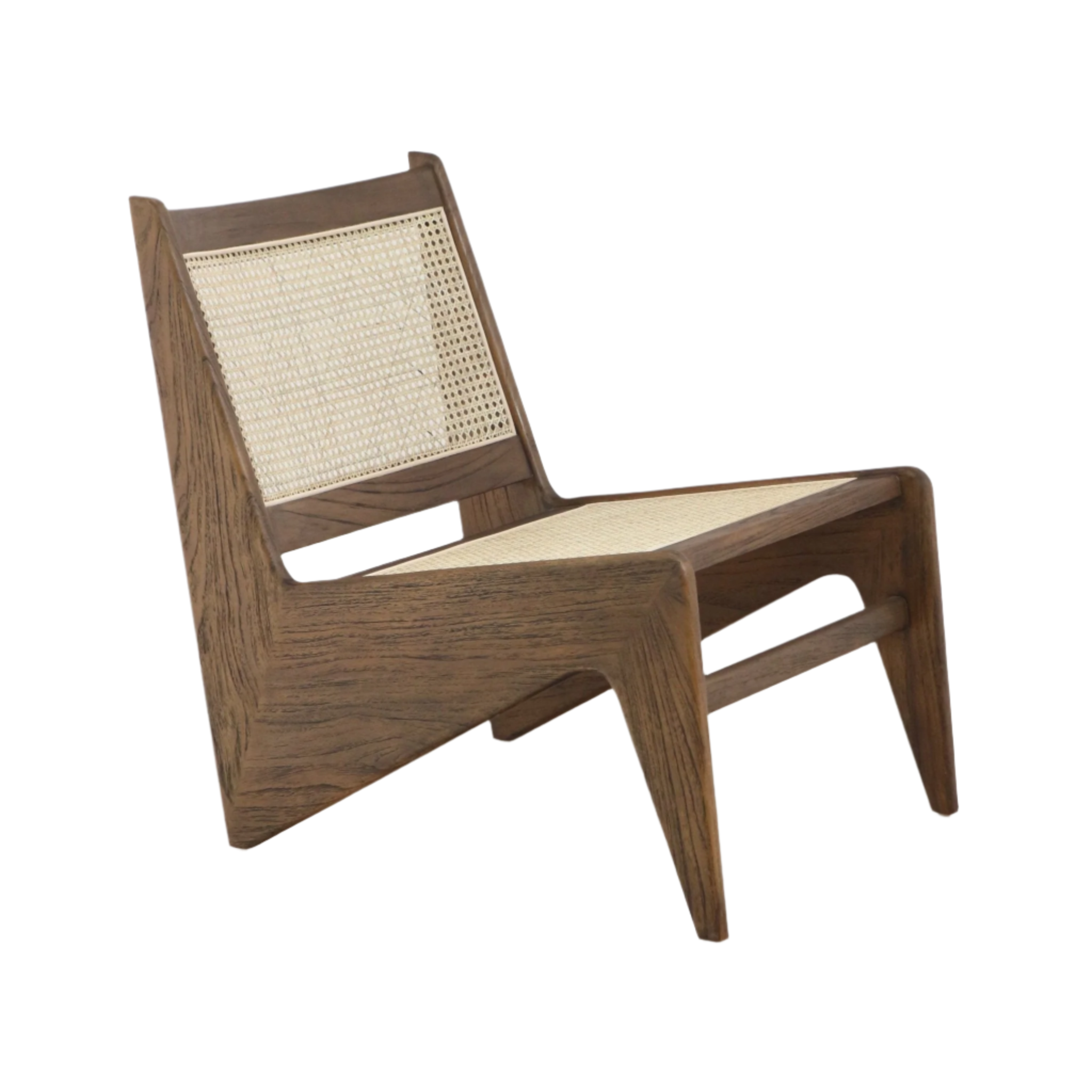 Mid-century modern low lounge chair with a warm teak solid wood frame and natural woven cane seat and back, featuring an armless angled silhouette and tapered legs.