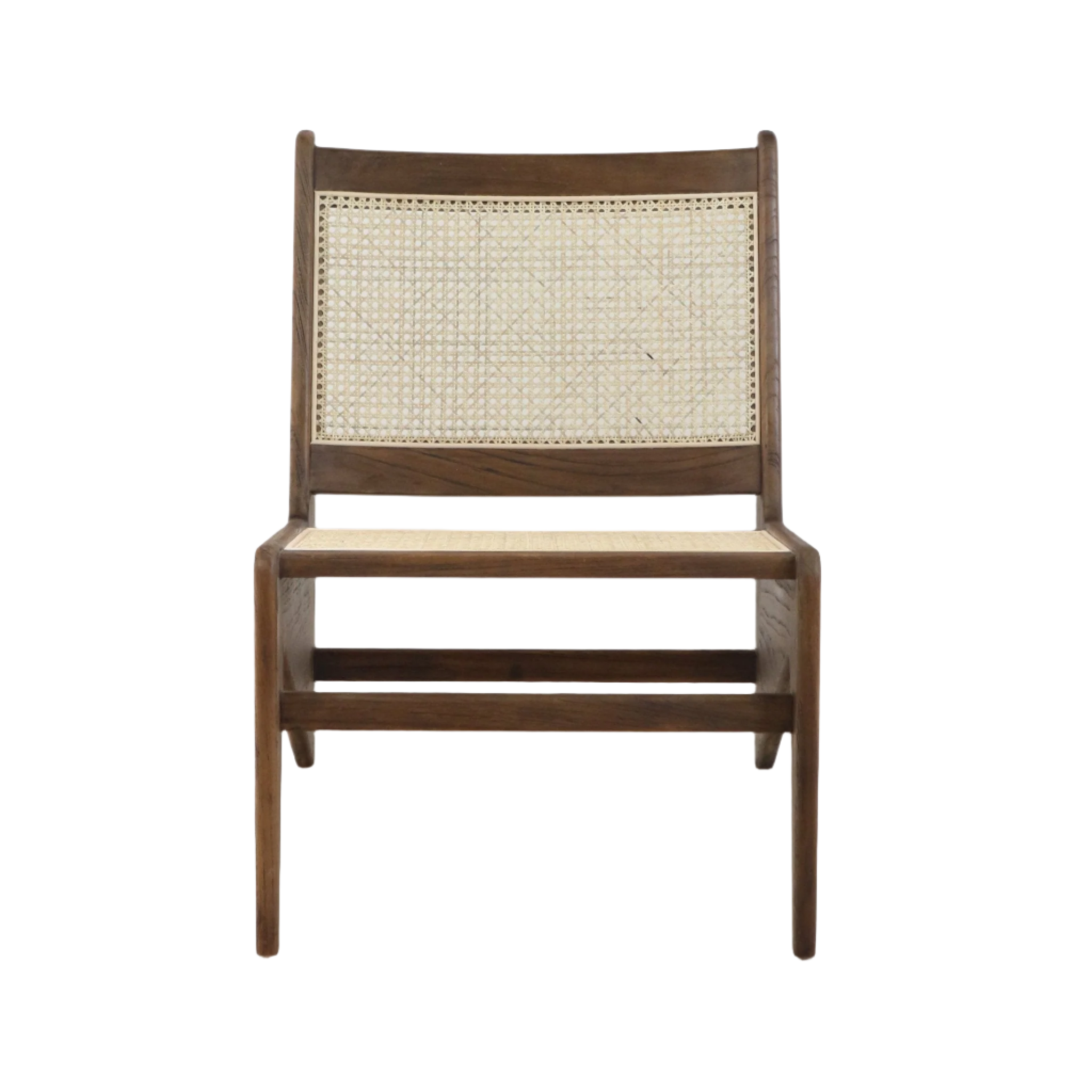 Front view of a mid-century modern teak lounge chair with woven cane back and seat, armless low-profile solid wood frame in a warm brown finish.