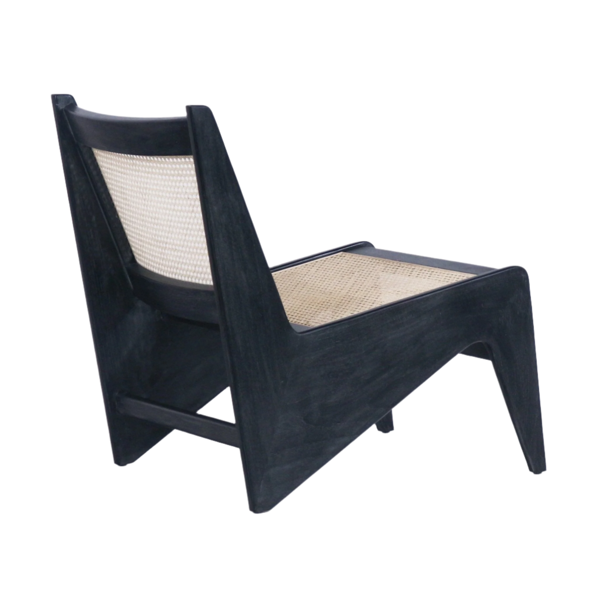 Low-profile mid-century modern kangaroo lounge chair with smoked-black teak frame and natural woven cane seat and back, shown at a rear three-quarter angle on a white background.