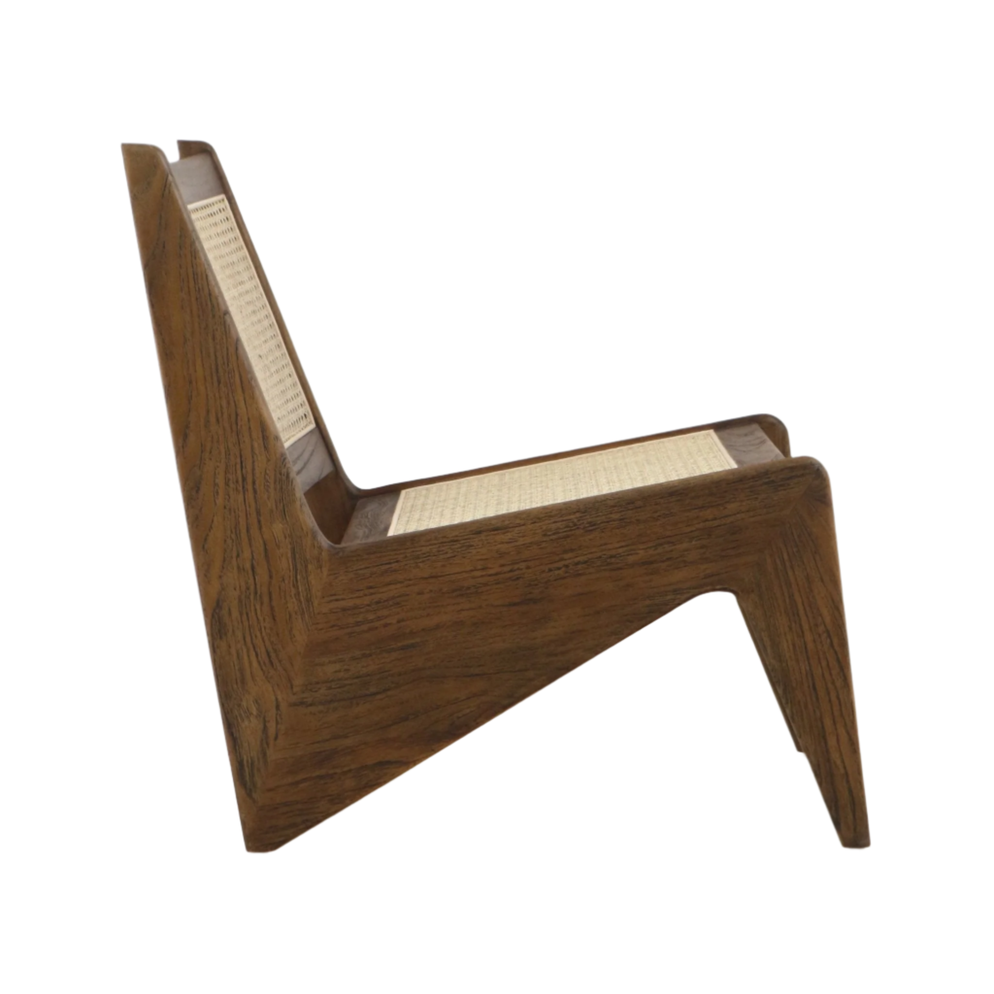 Side view of a low-profile kangaroo lounge chair in warm teak with woven natural cane seat and backrest, featuring a solid wood, angular mid-century modern frame.