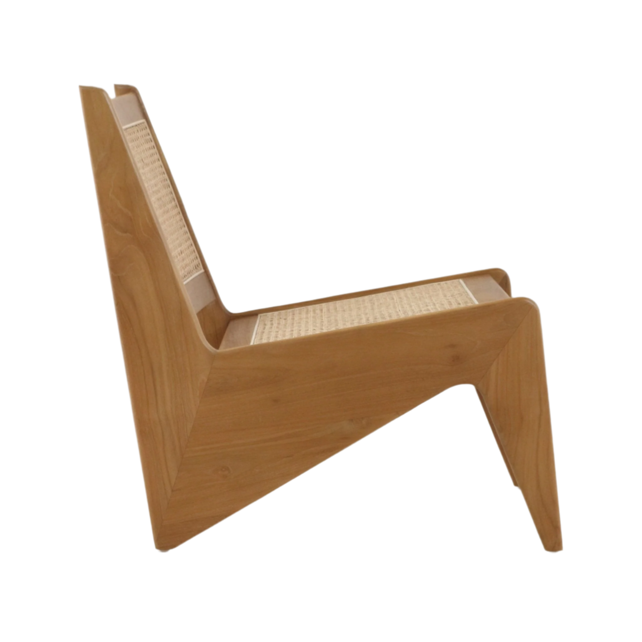 Side view of a low mid-century modern teak lounge chair with angular wooden frame and woven cane seat and back on a white background.