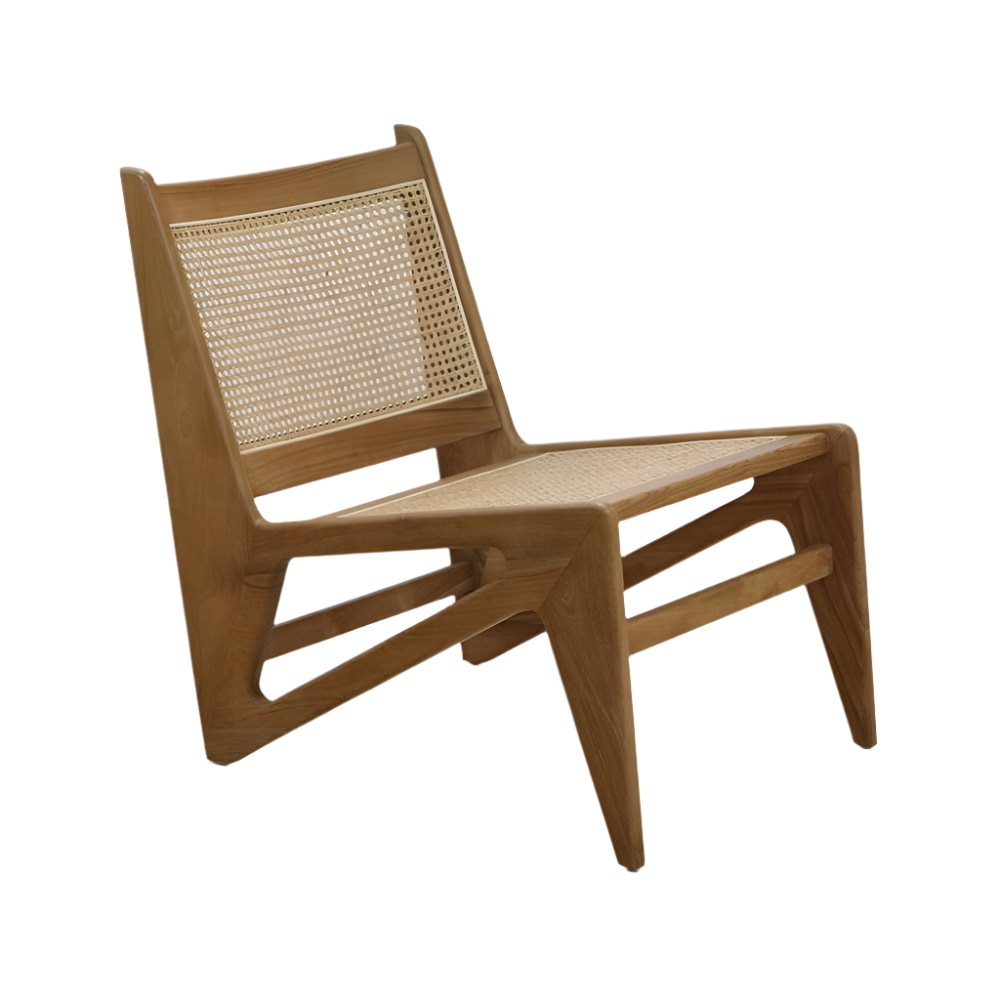 Low-profile teak lounge chair with angular solid-wood frame, open triangular side cutouts and woven cane seat and back in a warm natural finish, armless mid-century modern kangaroo-style design.