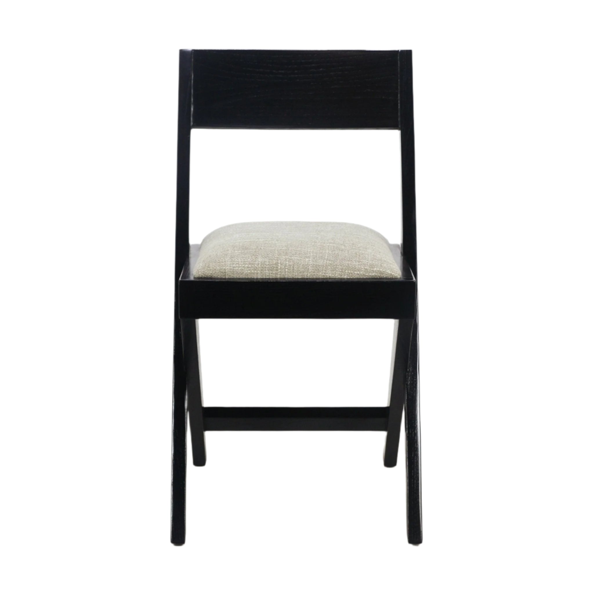 Front view of an armless side chair with a black wood frame and beige upholstered seat cushion, low straight back and tapered legs in a mid-century modern style on a white background.