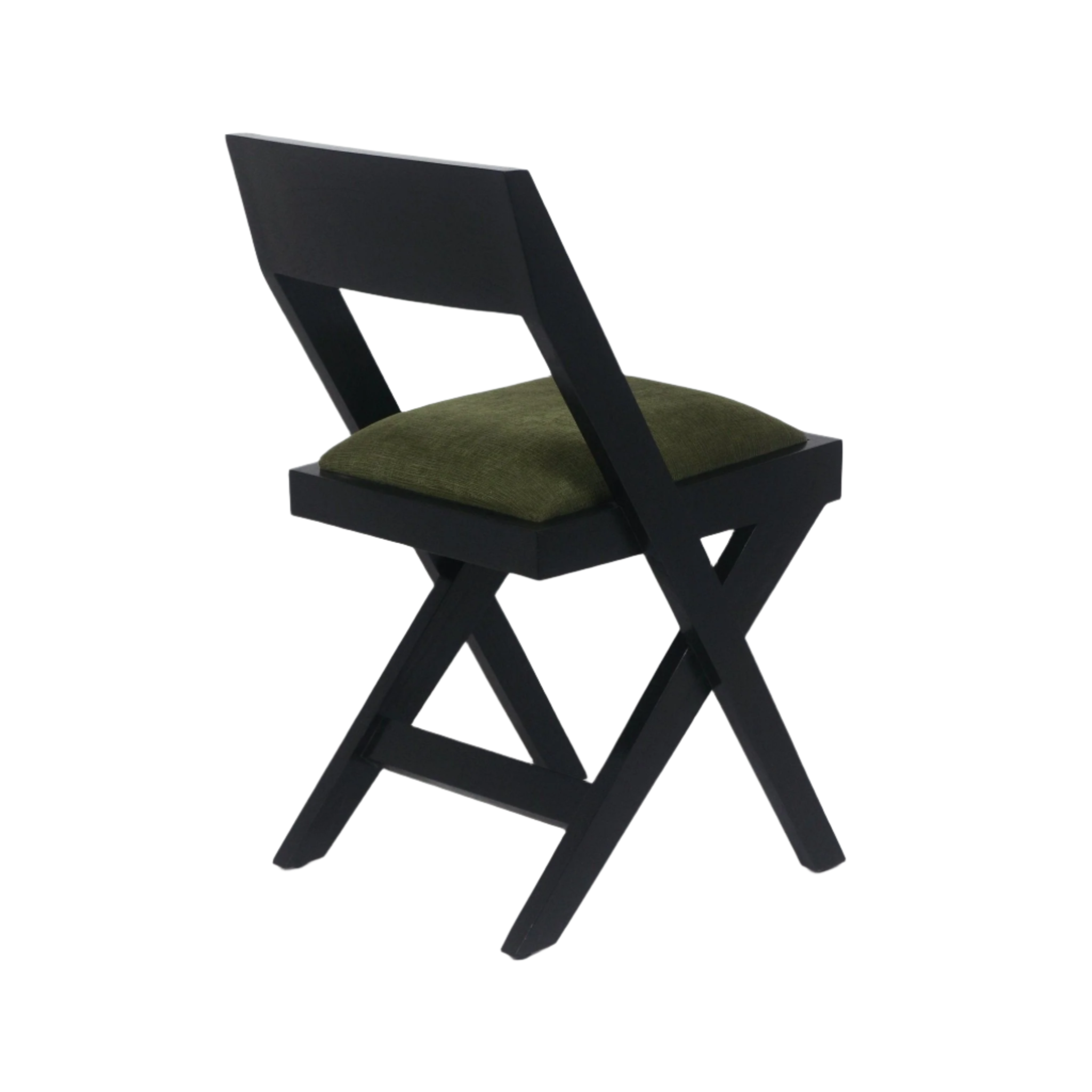 Side view of a modern side chair with a black semi-gloss wood frame, X-shaped legs and a green chenille upholstered seat cushion.