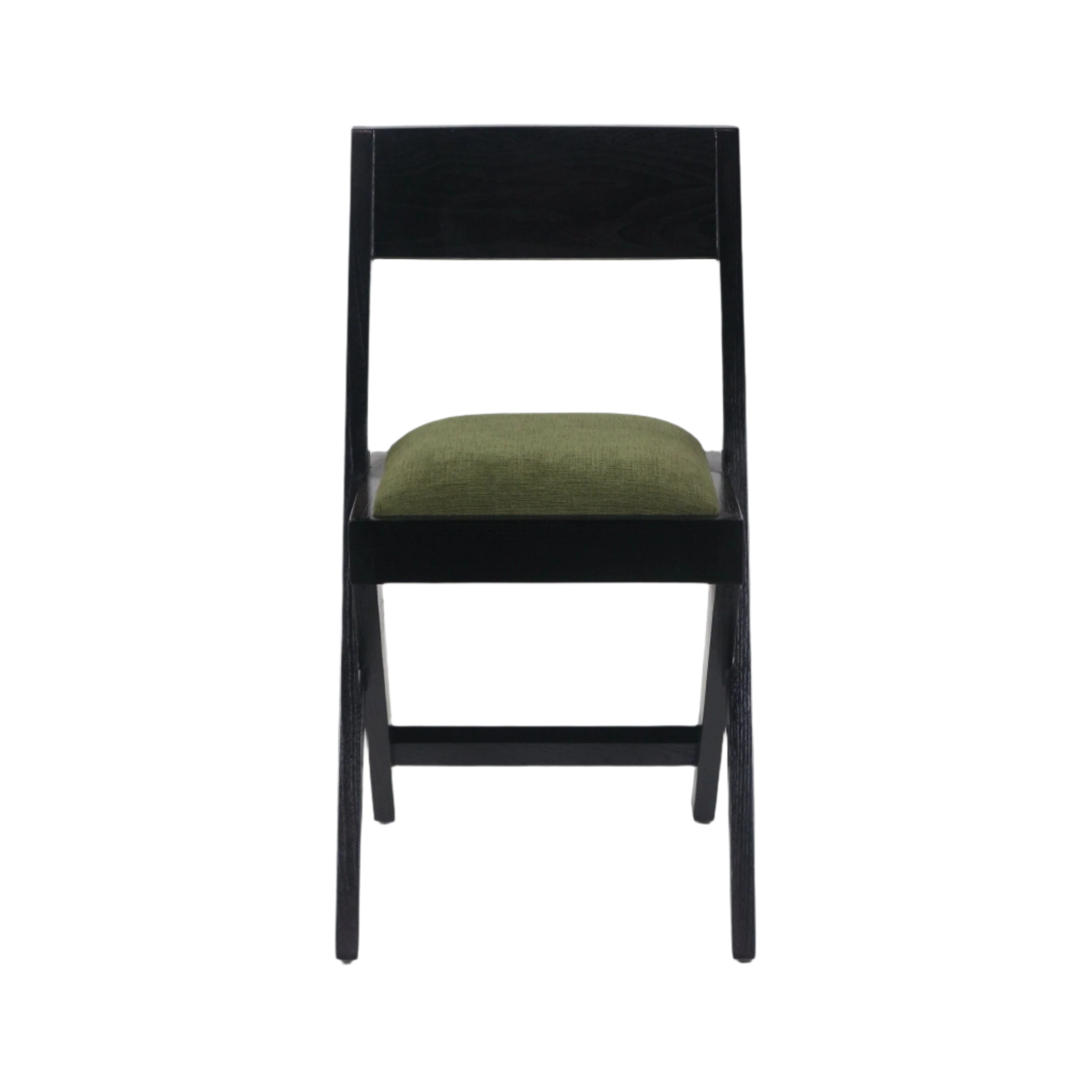 Front view of a side chair with a black wood frame and low rectangular back, featuring a green chenille-upholstered seat cushion on a slim mid-century modern armless silhouette.
