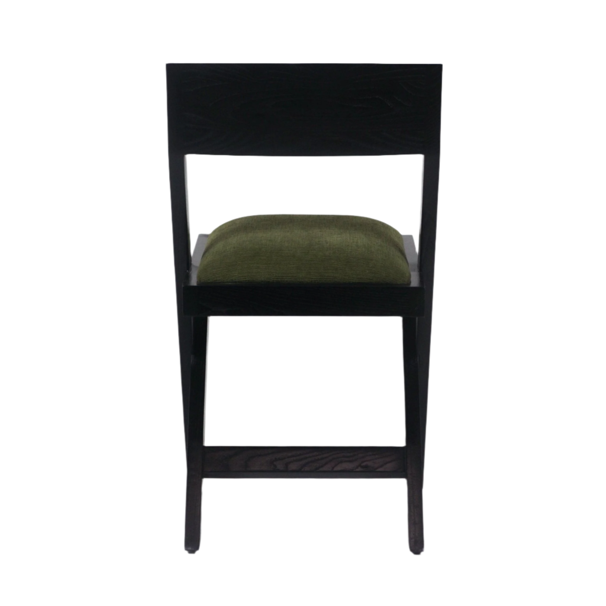 Front view of a black wood side chair in mid-century modern style with a rectangular low back and an olive green chenille upholstered seat cushion.