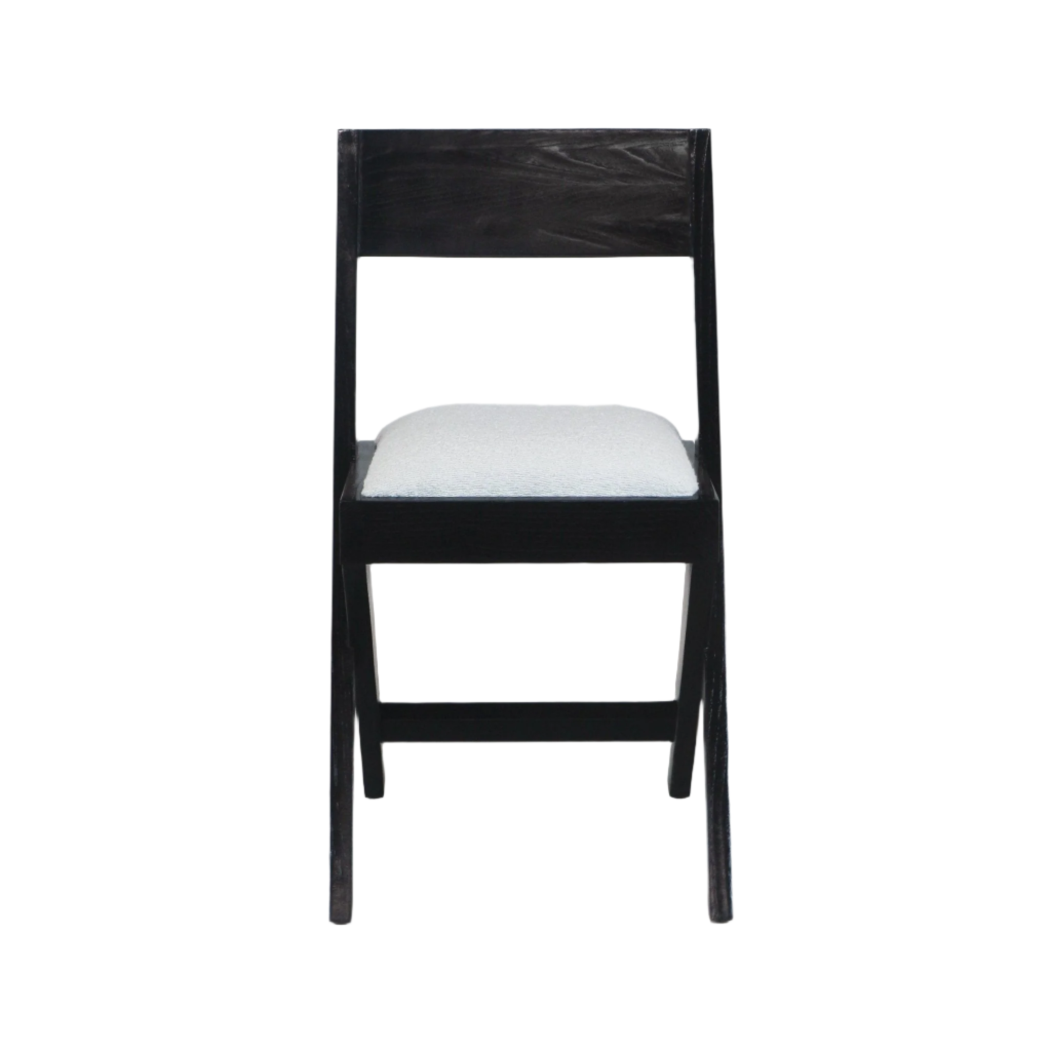 Front view of an armless dining side chair with a black stained wood frame and a white boucle upholstered seat cushion, mid-century modern silhouette with a solid rectangular back and tapered legs.