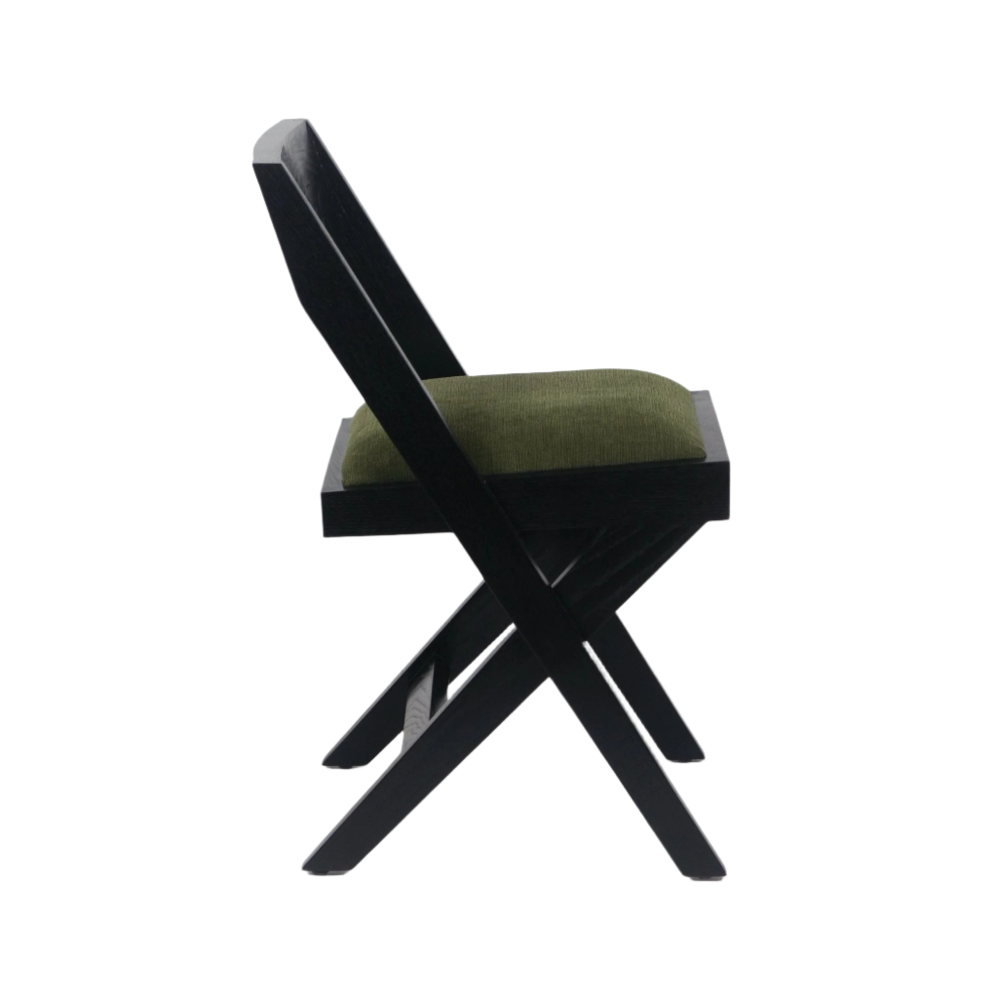 Side profile of a mid-century modern side chair with black-stained natural wood X-frame and olive green chenille upholstered cushion, an armless dining chair with a low angled back.