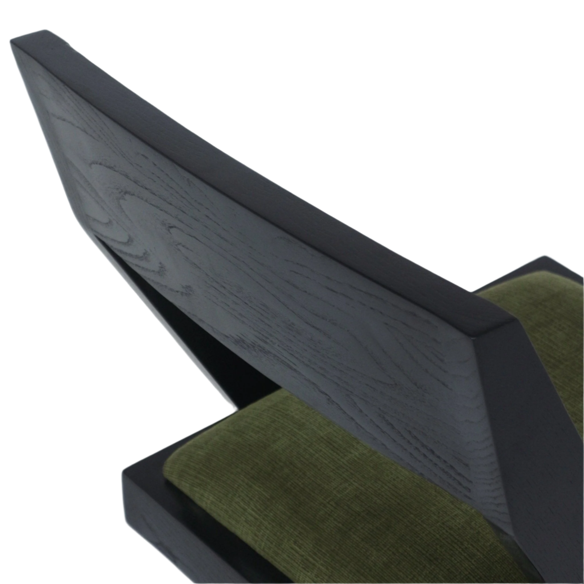Close-up of a black wood backrest with visible grain and a green chenille upholstered seat cushion on a modern side chair.