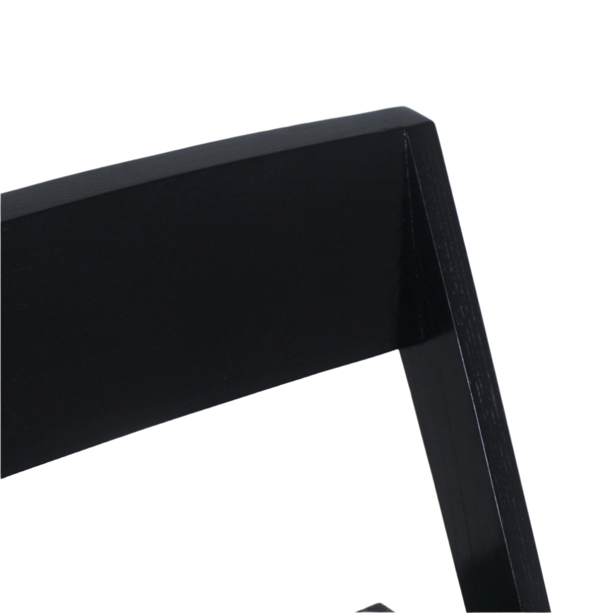 Close-up of a black semi-gloss wooden chair backrest and angled rear leg showing smooth finish and subtle wood grain.