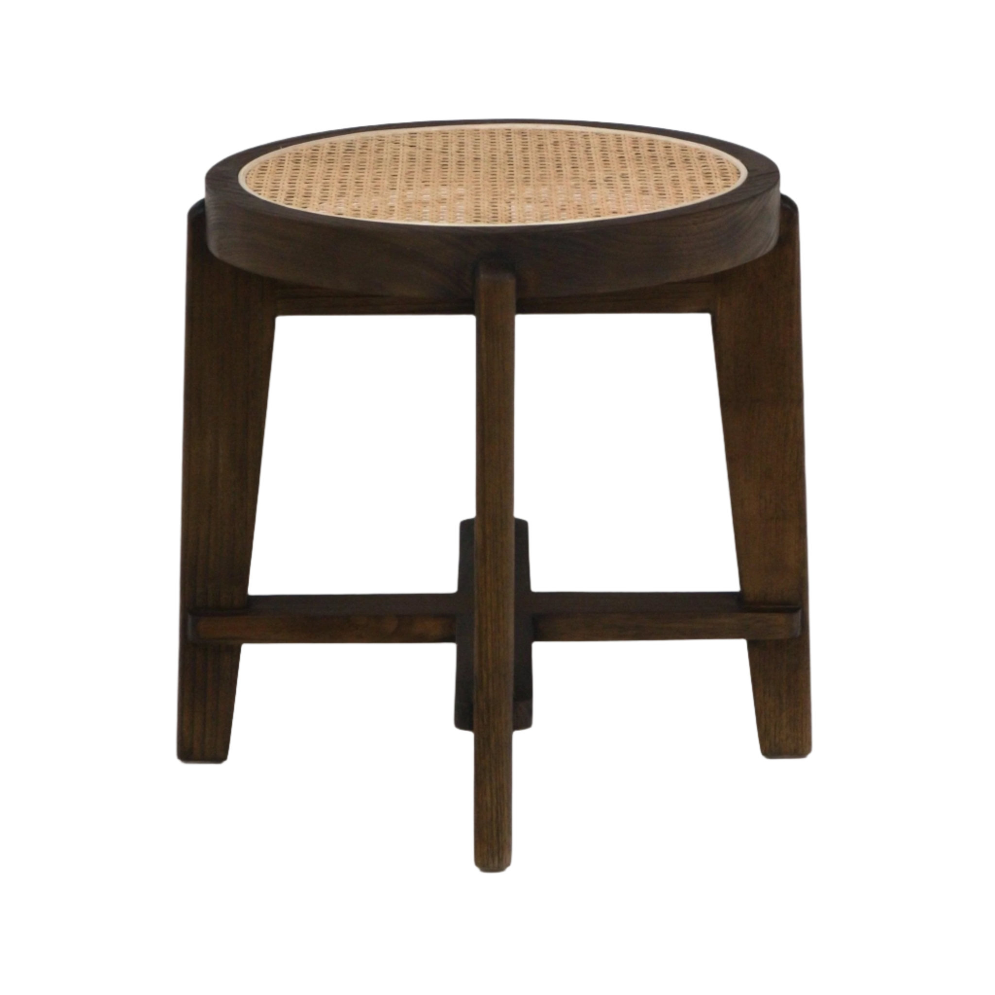Round stool with a natural cane woven seat set in a dark brown solid wood frame, four tapered legs joined by cross stretchers for a mid-century modern accent piece on a white background.