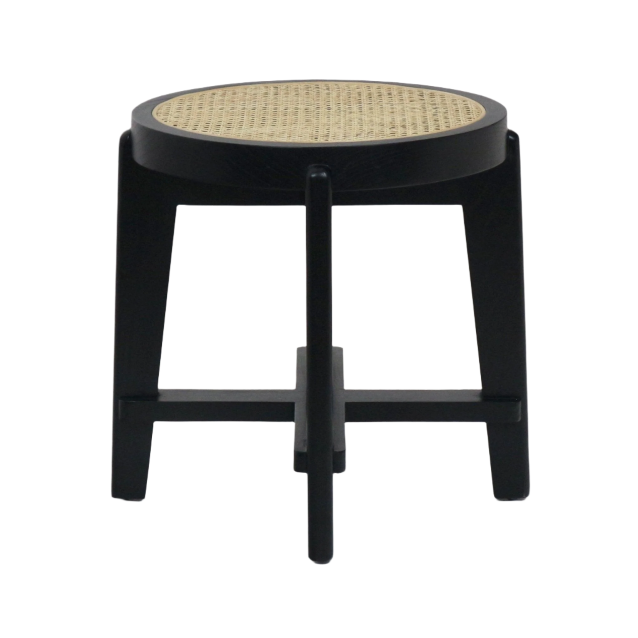 Backless round stool with a natural woven cane seat set into a black solid wood frame, four tapered legs and a cross stretcher detail, modern mid-century style suitable as a side table or accent stool.